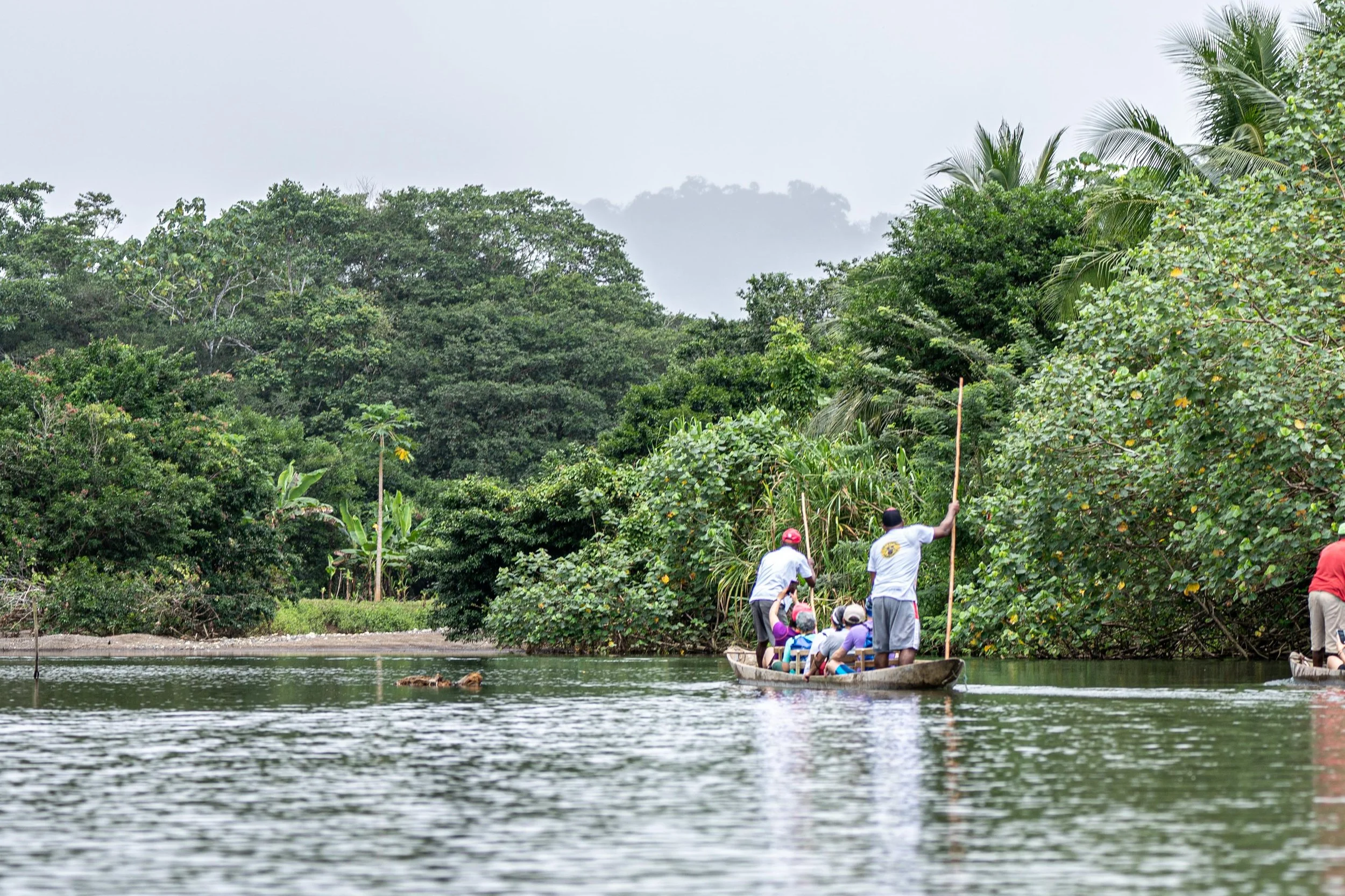 A group of people in a boat on a river surrounded by lush green trees.