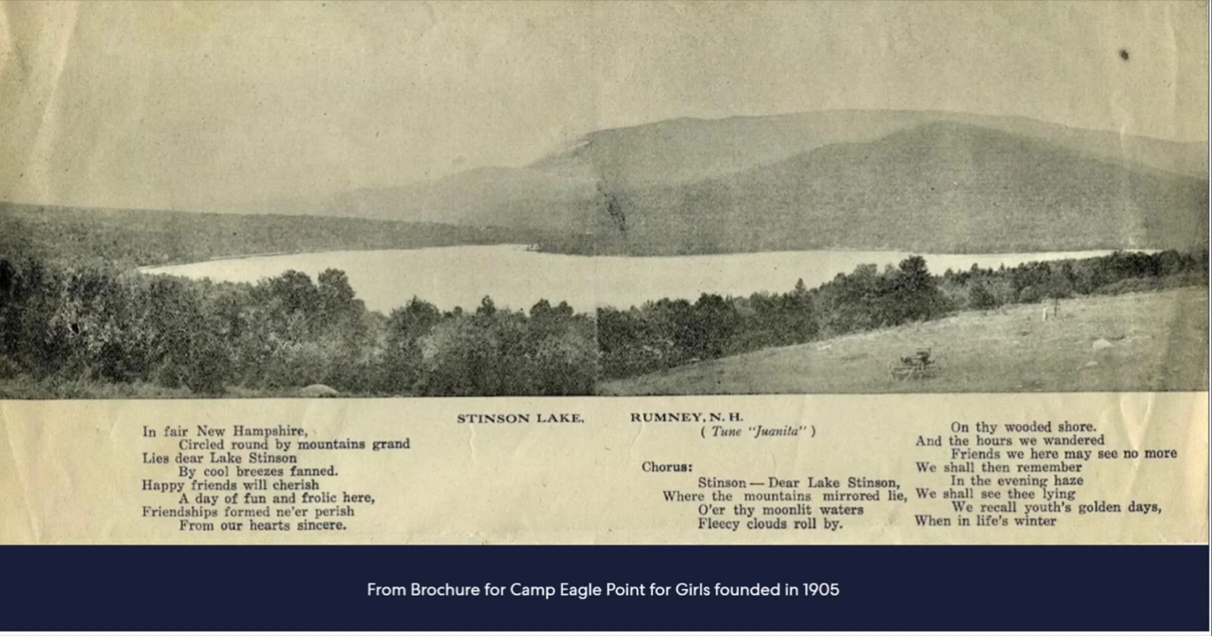 Check out this photo and song lyrics from a 1905 Girls Camp brochure.  Let&rsquo;s all start singing. Thanks Jim Fortmuller for this great find.