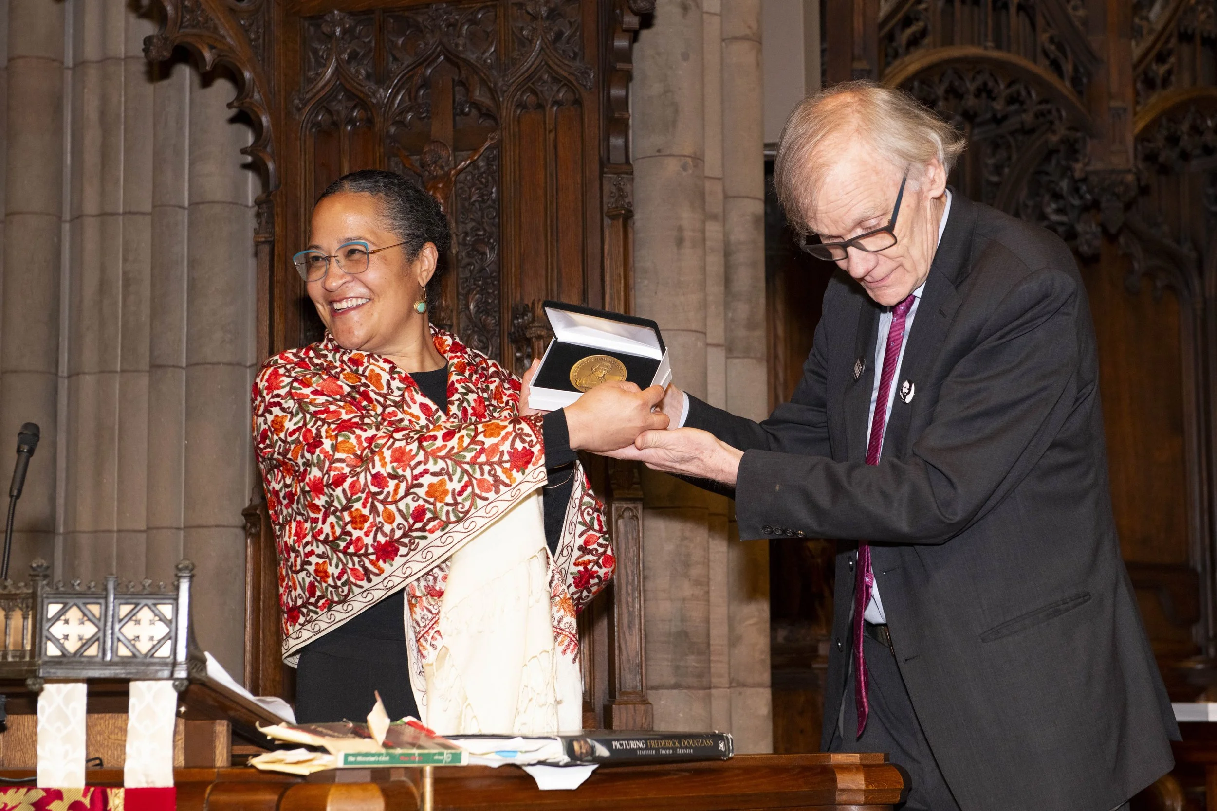 Sara E. Johnson receives the Douglass prize, from Dr. David W. Blight, Professor of American History at Yale University. Photo credit: Reuben Kleiner