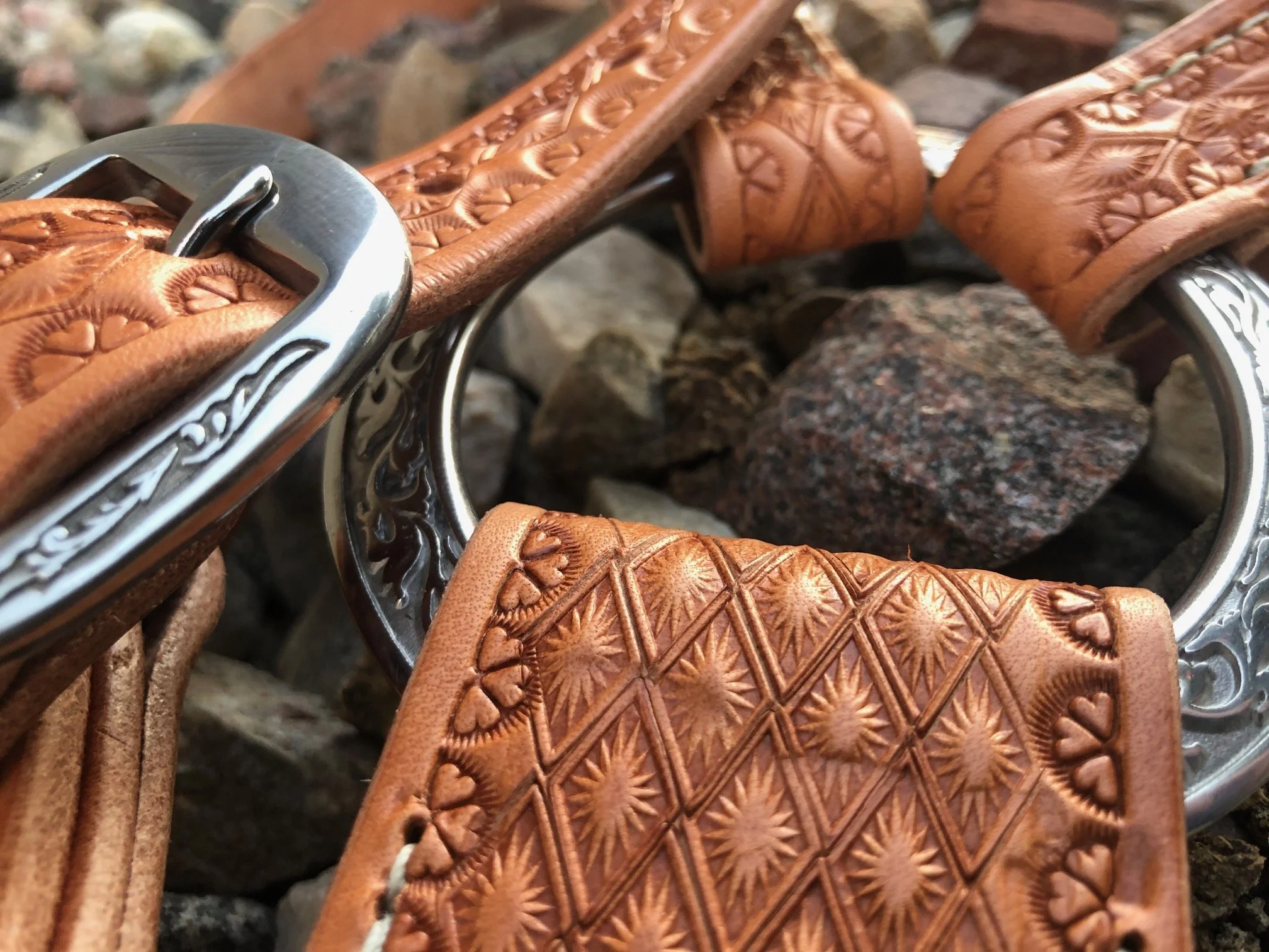 Close-up of a leather halter with intricate tooled designs and silver hardware, resting on rocks.