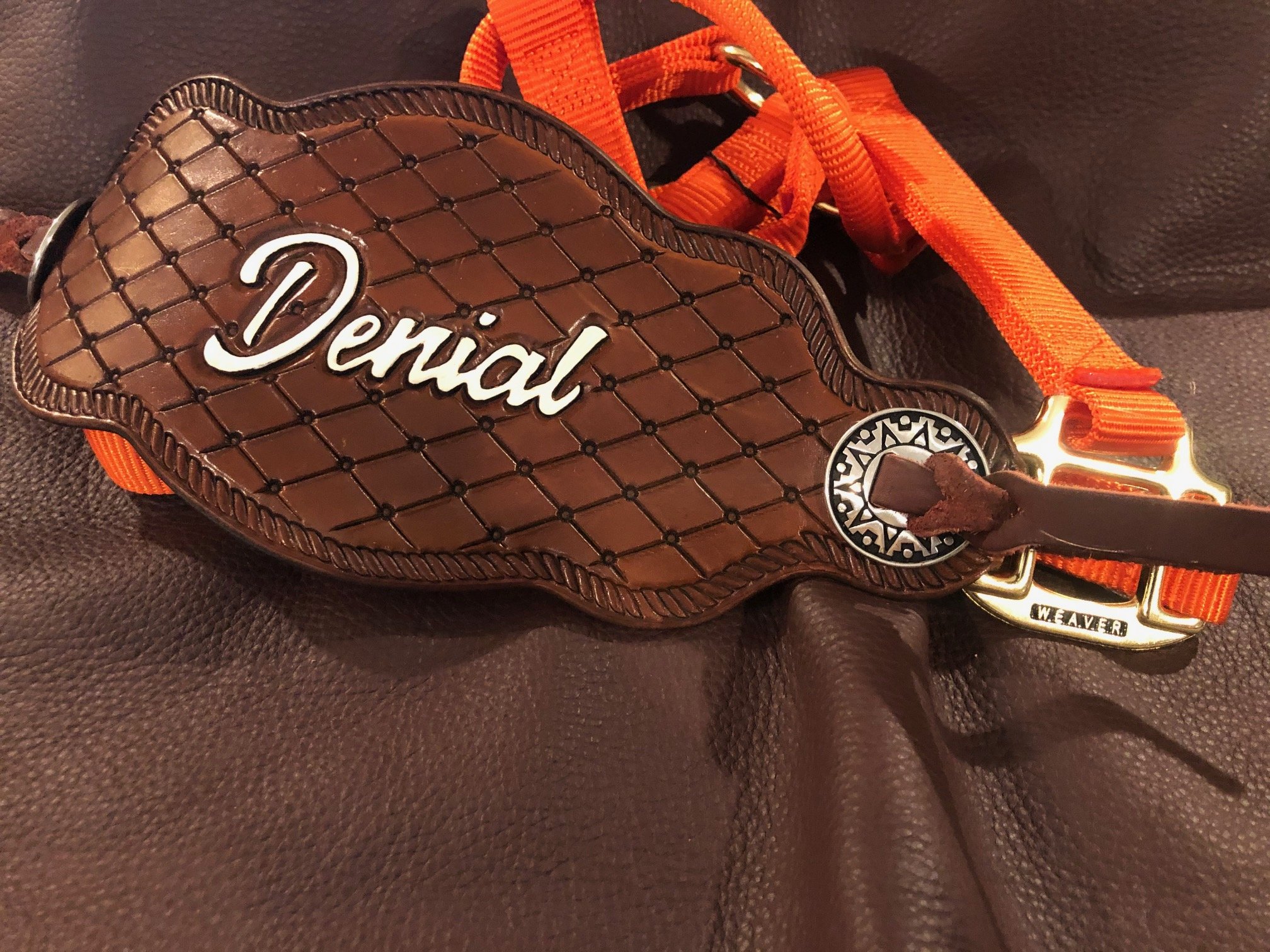 A close-up of a brown leather bronc halterwith a large chocolate-colored faux chocolate piece attached, featuring the name 'Denial' in white cursive. The collar has orange straps and a gold buckle.