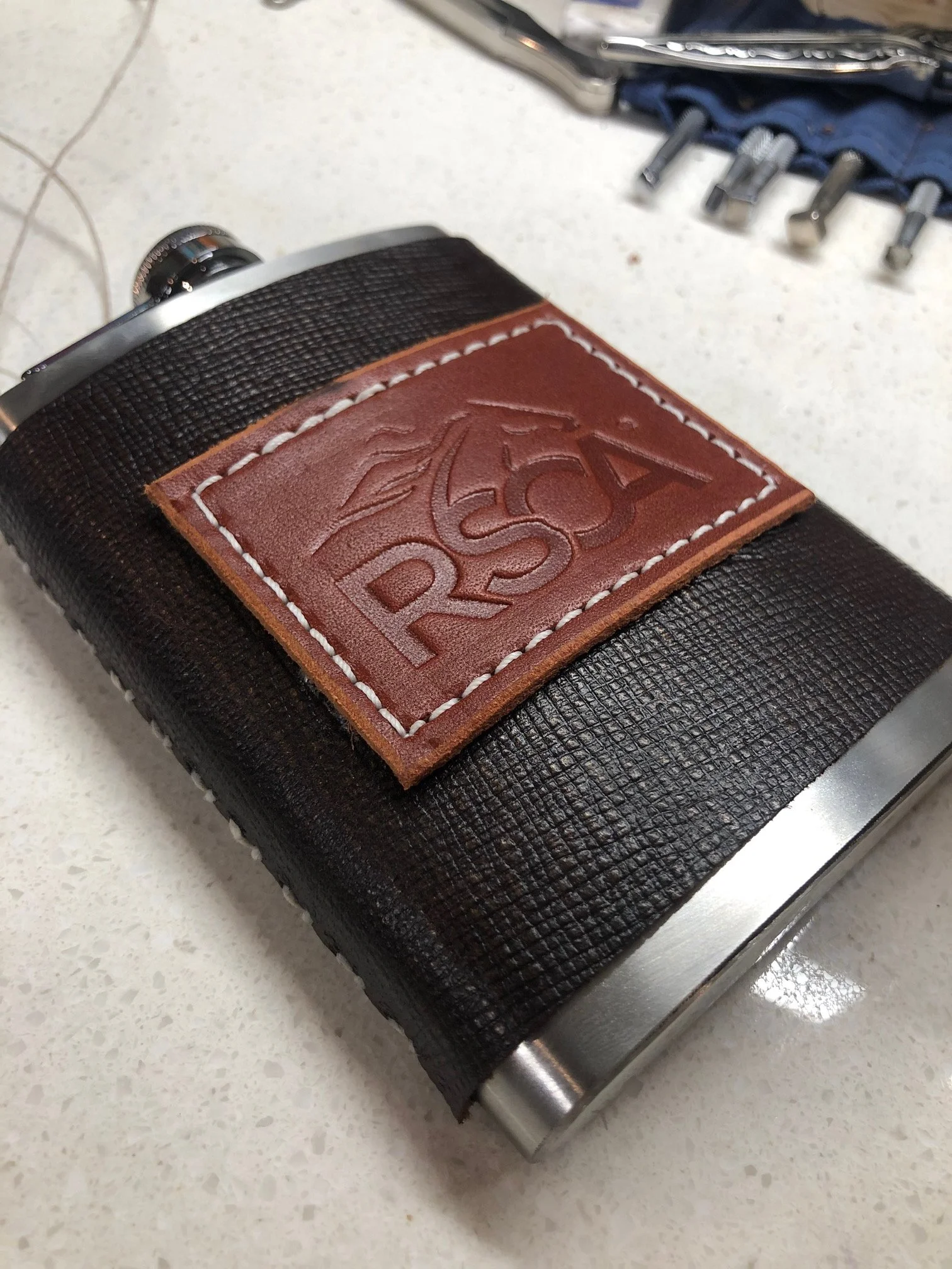 custom leather wrapped flask