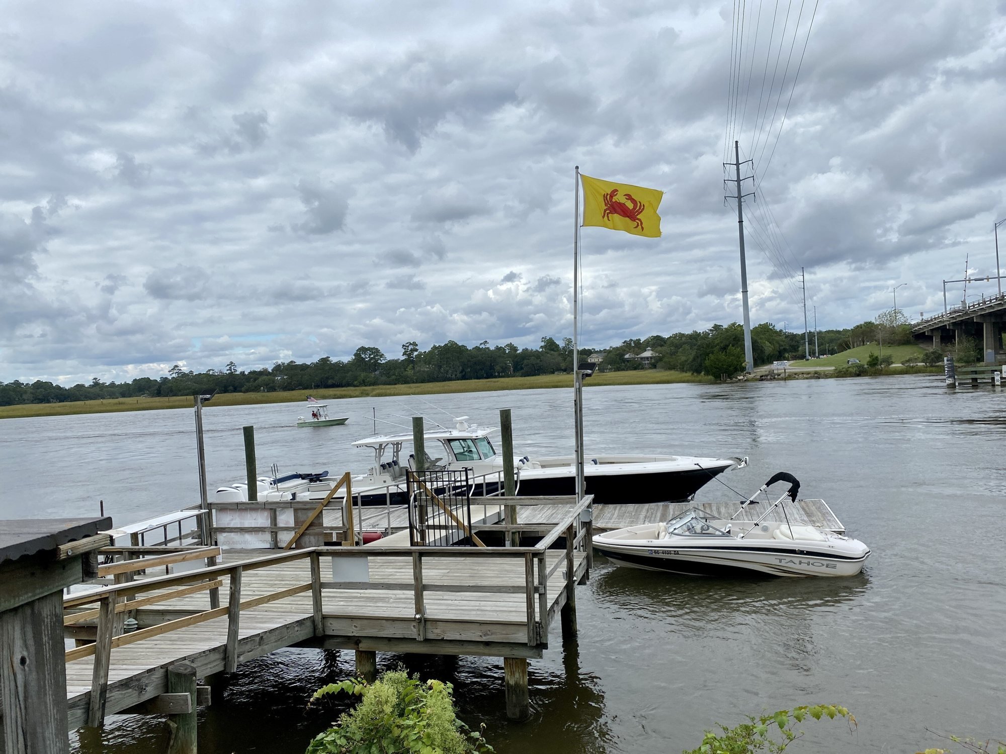 Boats at docks on Wappoo Creek in West Ashley, Charleston