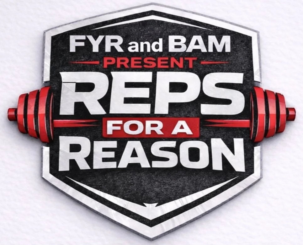 A sports-themed graphic with a black shield background, white and red text, and a red barbell with weights on each side. The text reads "FYR and BAM present REPS for a Reason."