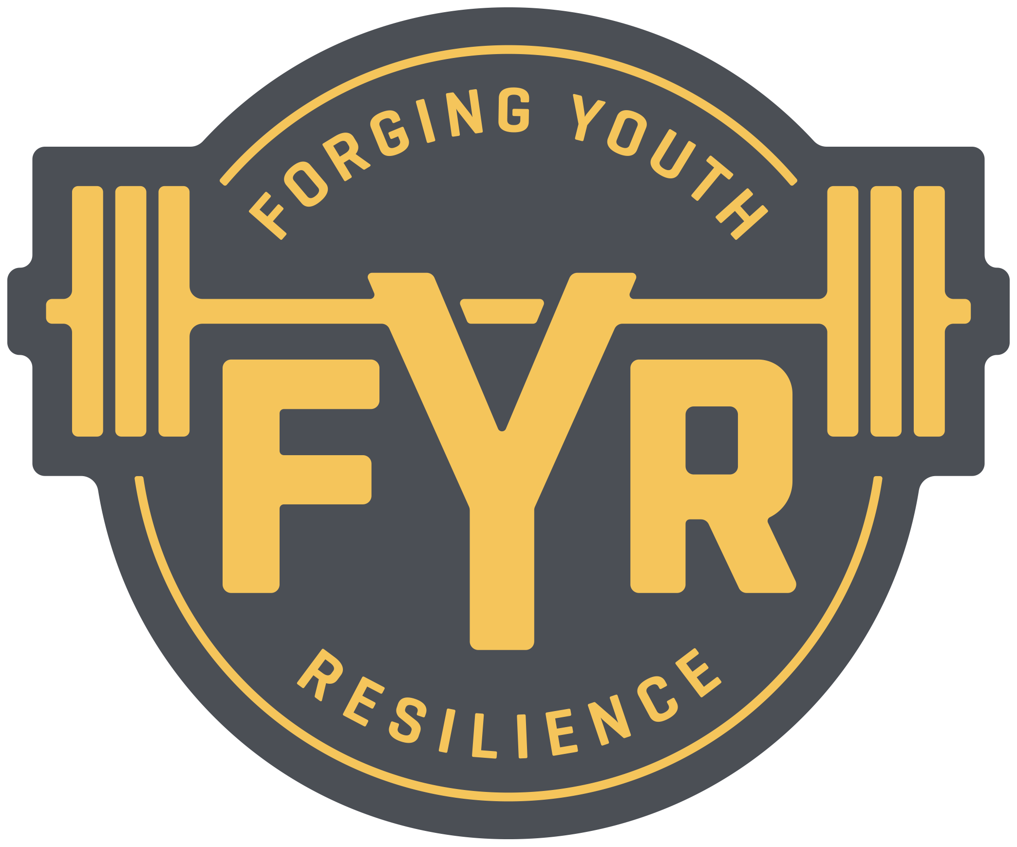 Logo with the words "Forging Youth Resilience" and a stylized barbell with the letters "FYR" in the center.