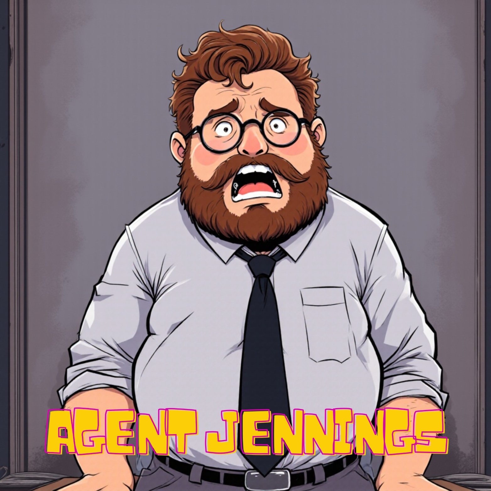 Cartoon illustration of a man with glasses, a beard, and a mustache, wearing a dress shirt and tie, looking shocked or distressed. The words 'Agent Jennings' are written at the bottom in yellow and pink letters.