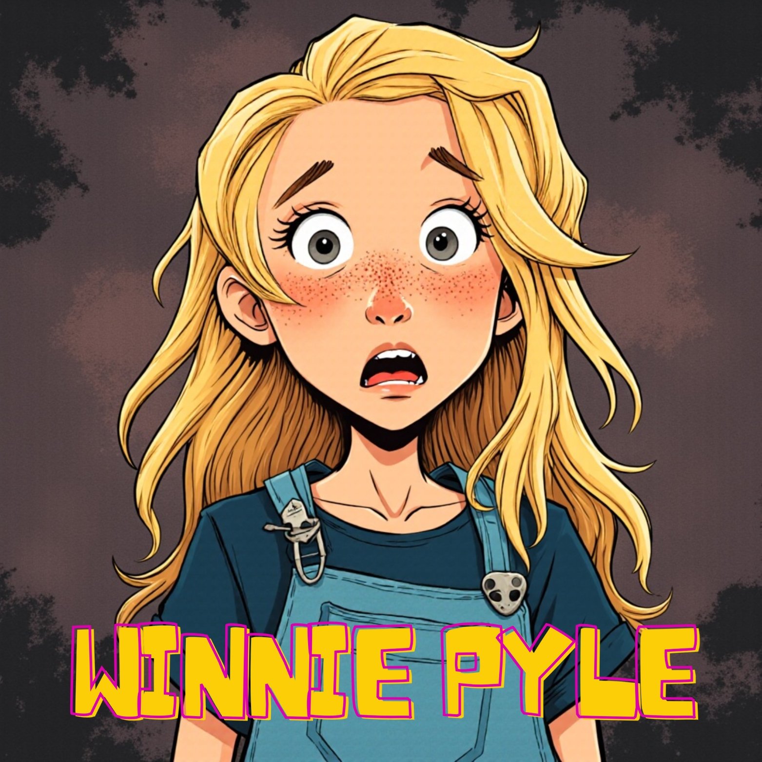 A cartoon girl with blonde hair, freckles, and surprised expression, wearing a blue shirt and overalls, with the text 'WINNIE PYLE' in colorful letters at the bottom.