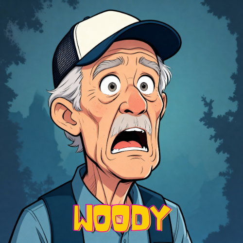 Animated image of an elderly man with gray hair, wearing a blue cap and shirt, looking shocked or scared, with the name "Woody" in colorful letters at the bottom. Winnie Pyle by Joseph Blackwell