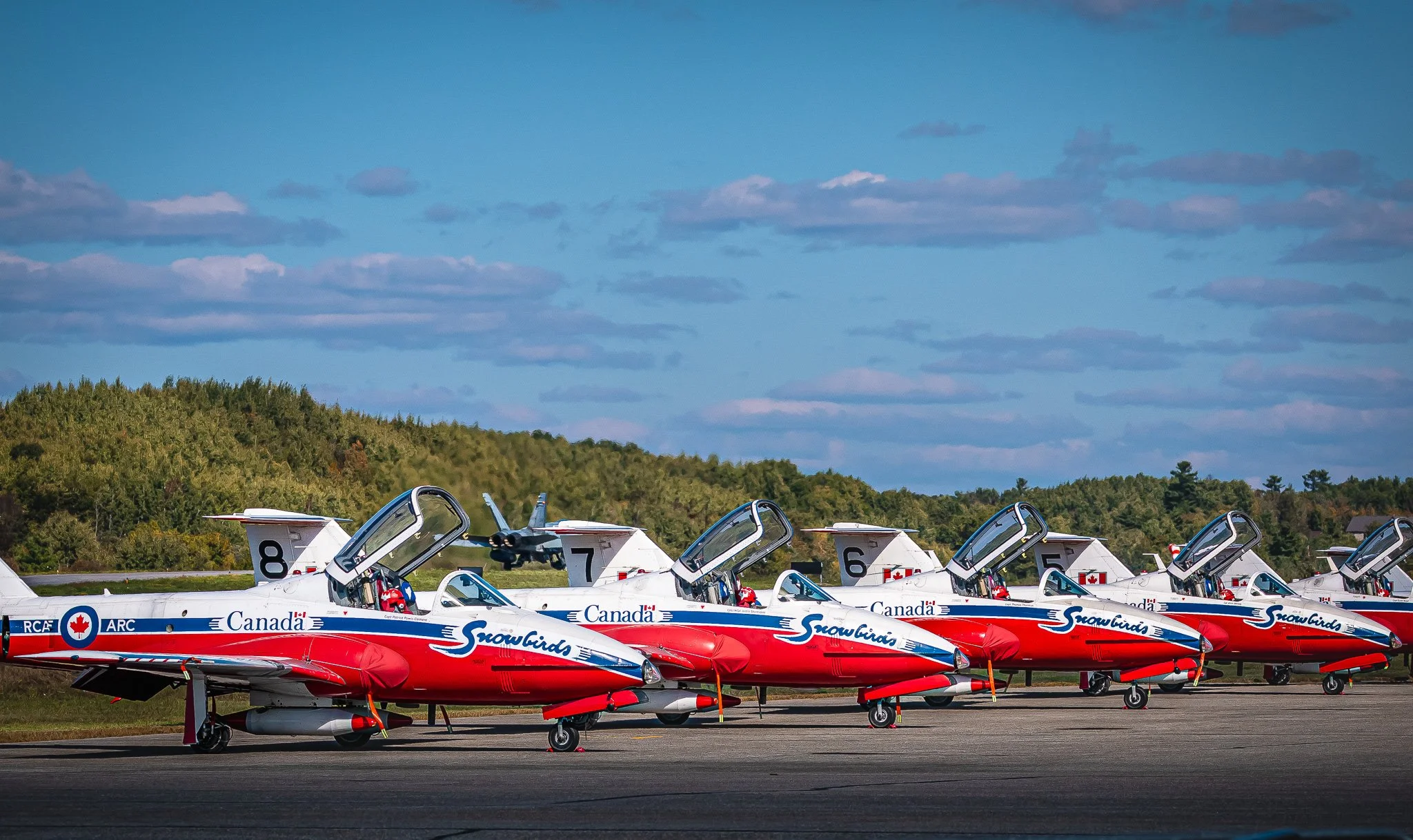 A lineup of Canadair CT-114 Tutor aircraft with open canopies, parked on a runway, with a backdrop of trees and a partly cloudy sky.