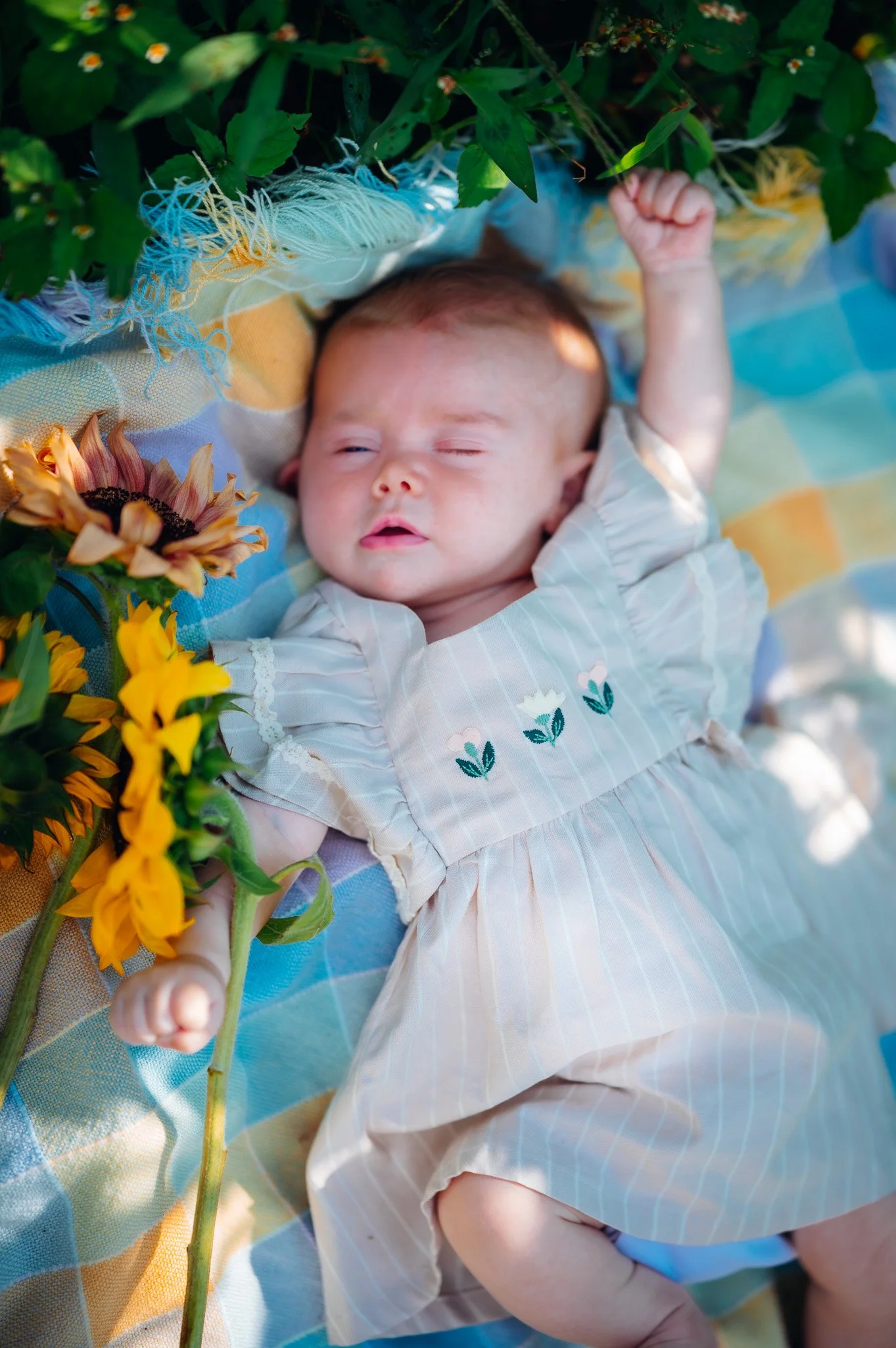 A baby lying down outdoors surrounded by sunflower and greenery, holding a sunflower stem.