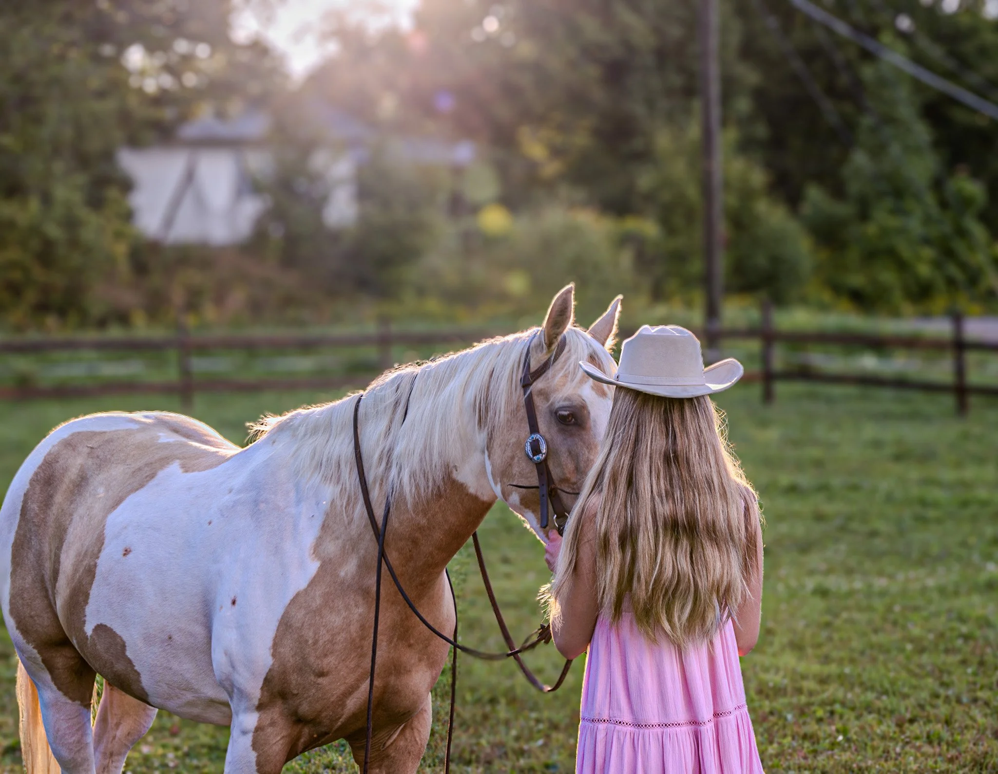 A young girl with long blonde hair wearing a pink dress and white cowboy hat, standing face to face with a light brown and white pinto horse in an outdoor field at sunset, surrounded by trees and a wooden fence.