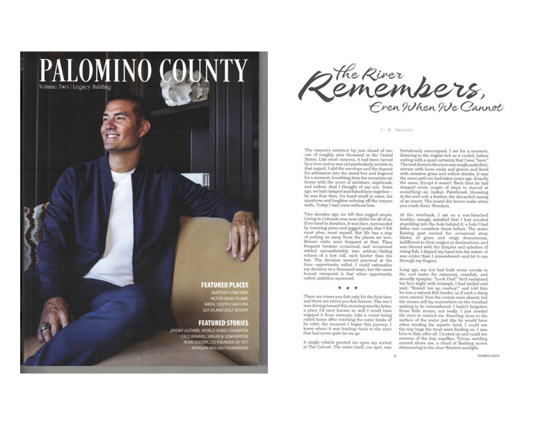 Open magazine featuring Palomino County with a smiling man in a navy blazer and white shirt on the cover, and an article titled "the River Remembers" inside.