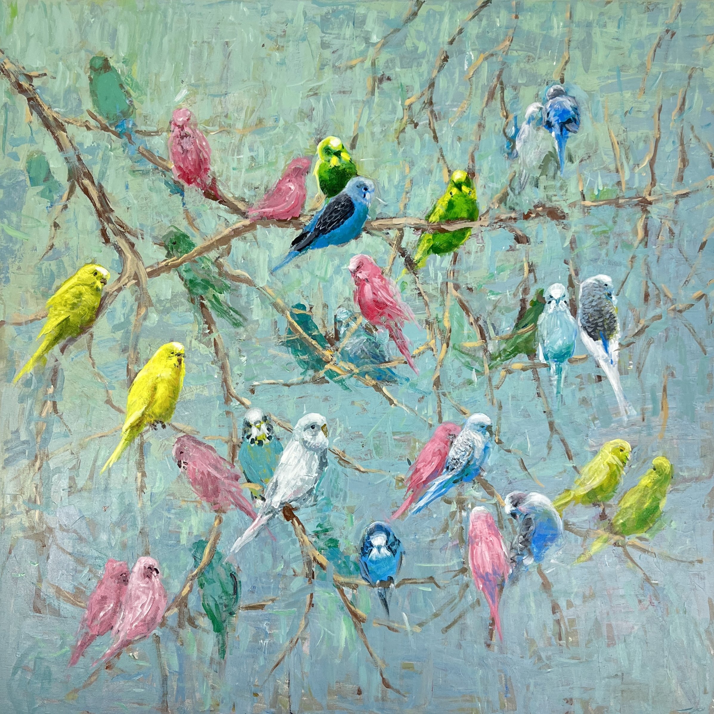 Birds on Tree 36x36in oil on canvas