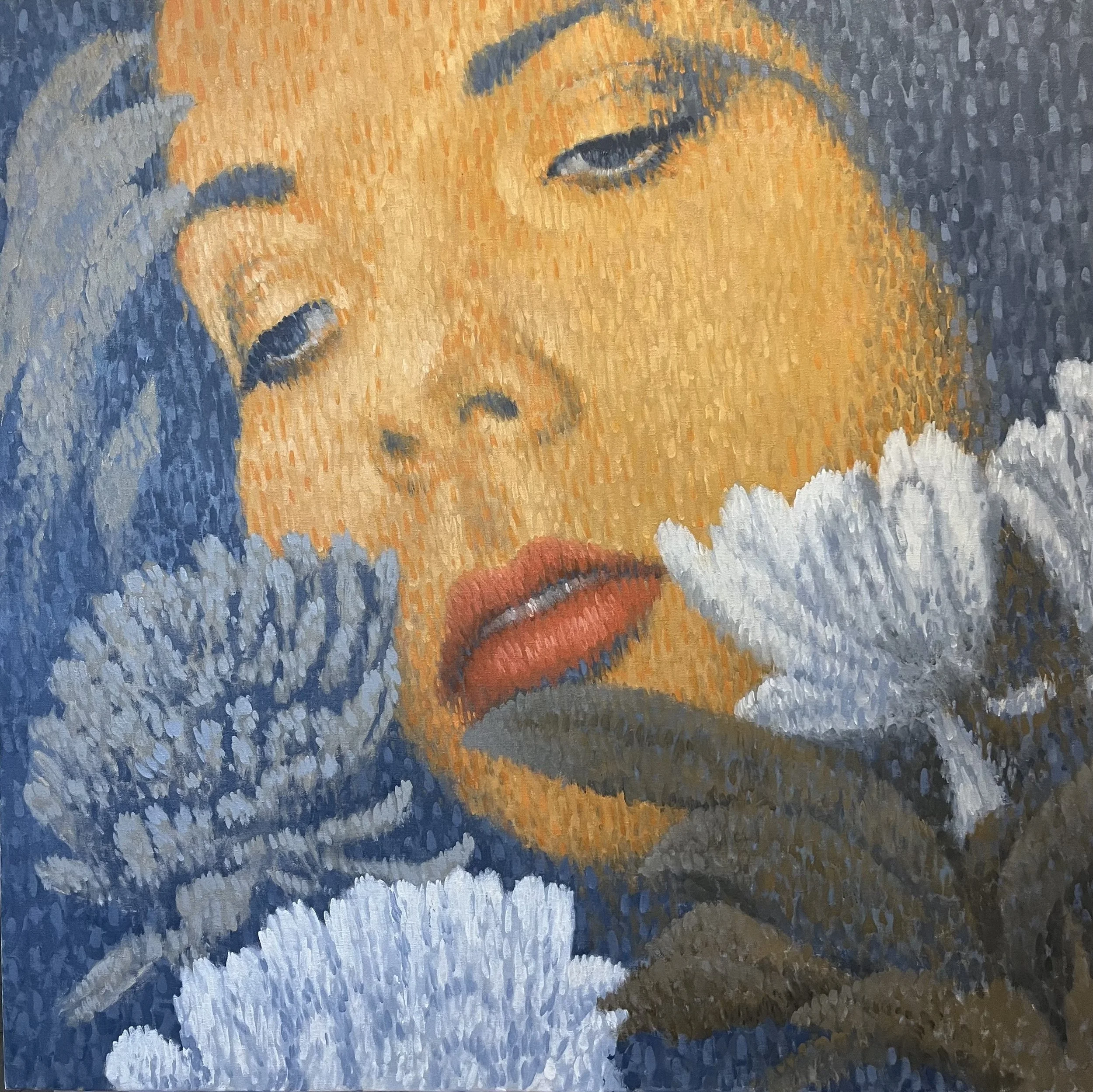 Sleeping in the embrace of roses, 36x36 in. Oil on Canvas 