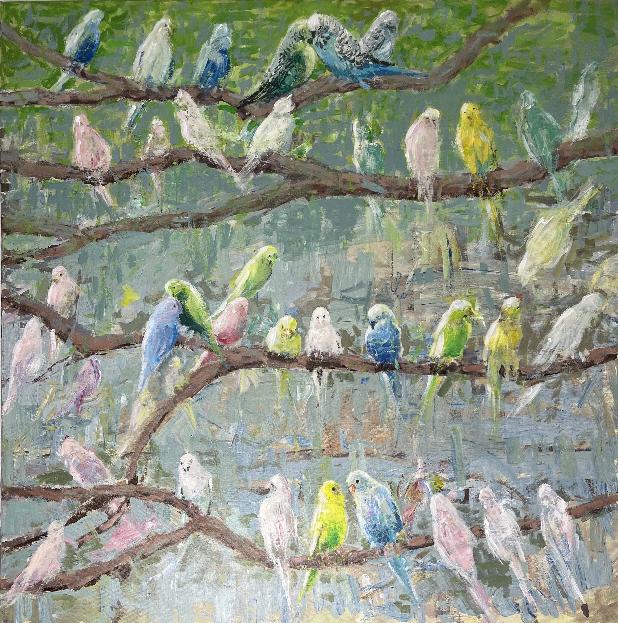 Birds on Tree 36x36in oil on canvas