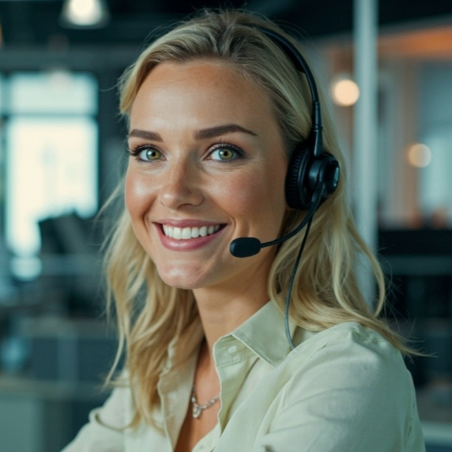 A smiling woman wearing a headset in an office environment.