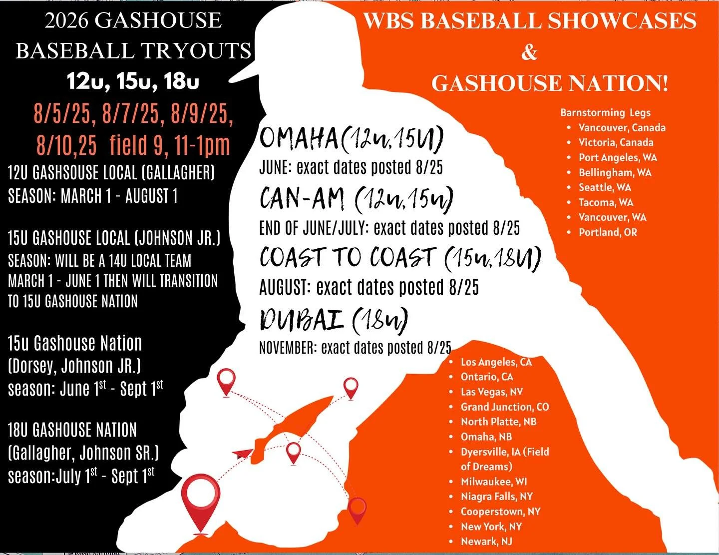 Field 9, 11-1pm tryouts!!!! Dates above in flyer! Gashouse Nation!  We will use those dates and times for workouts! Players only need to attend one tryout but are encouraged to attend all the workouts!
