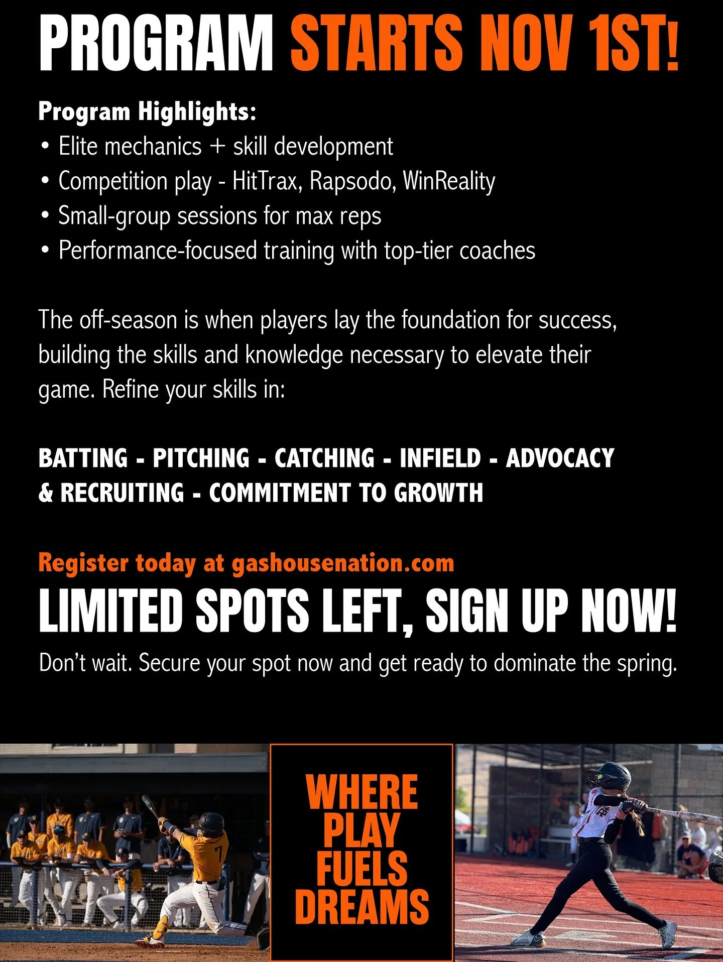 WINTER BASEBALL OFF-SEASON IS HERE!
LIMITED SPOTS LEFT &mdash; PROGRAM STARTS NOVEMBER 1ST!
Gashouse Nation, formerly Playball Prospects, is where play fuels dreams. 💪

Train with professional coaches in small groups and build a foundation that last