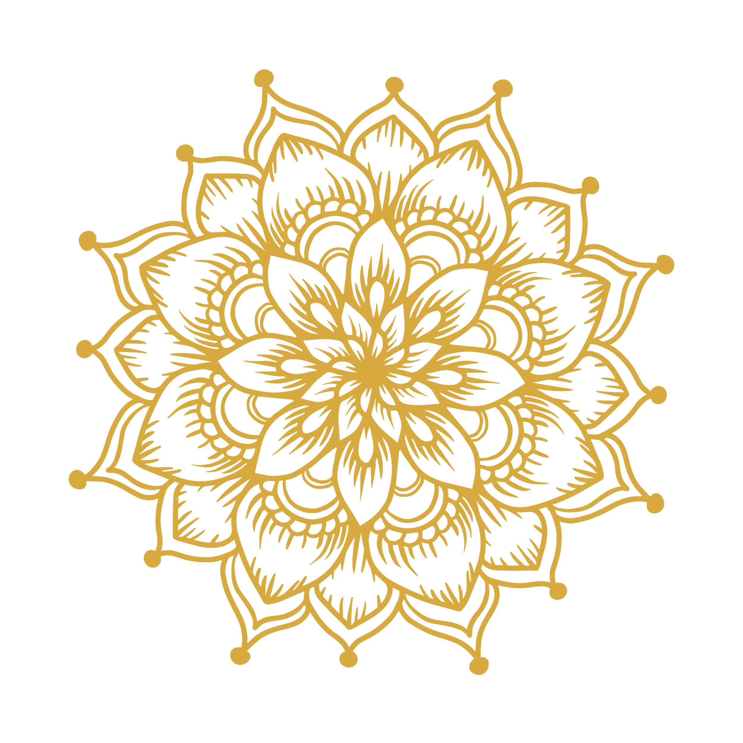 Gold and black intricate mandala design with floral and geometric patterns on a black background.