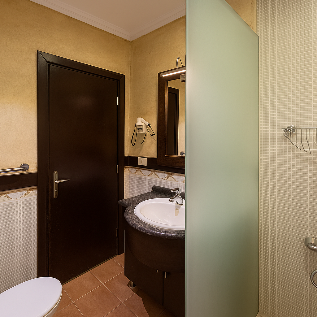 Small bathroom with a dark wooden door, a sink with a granite countertop, a mirror above the sink, a wall-mounted hairdryer, and a partially visible shower area with a small metal shelf.