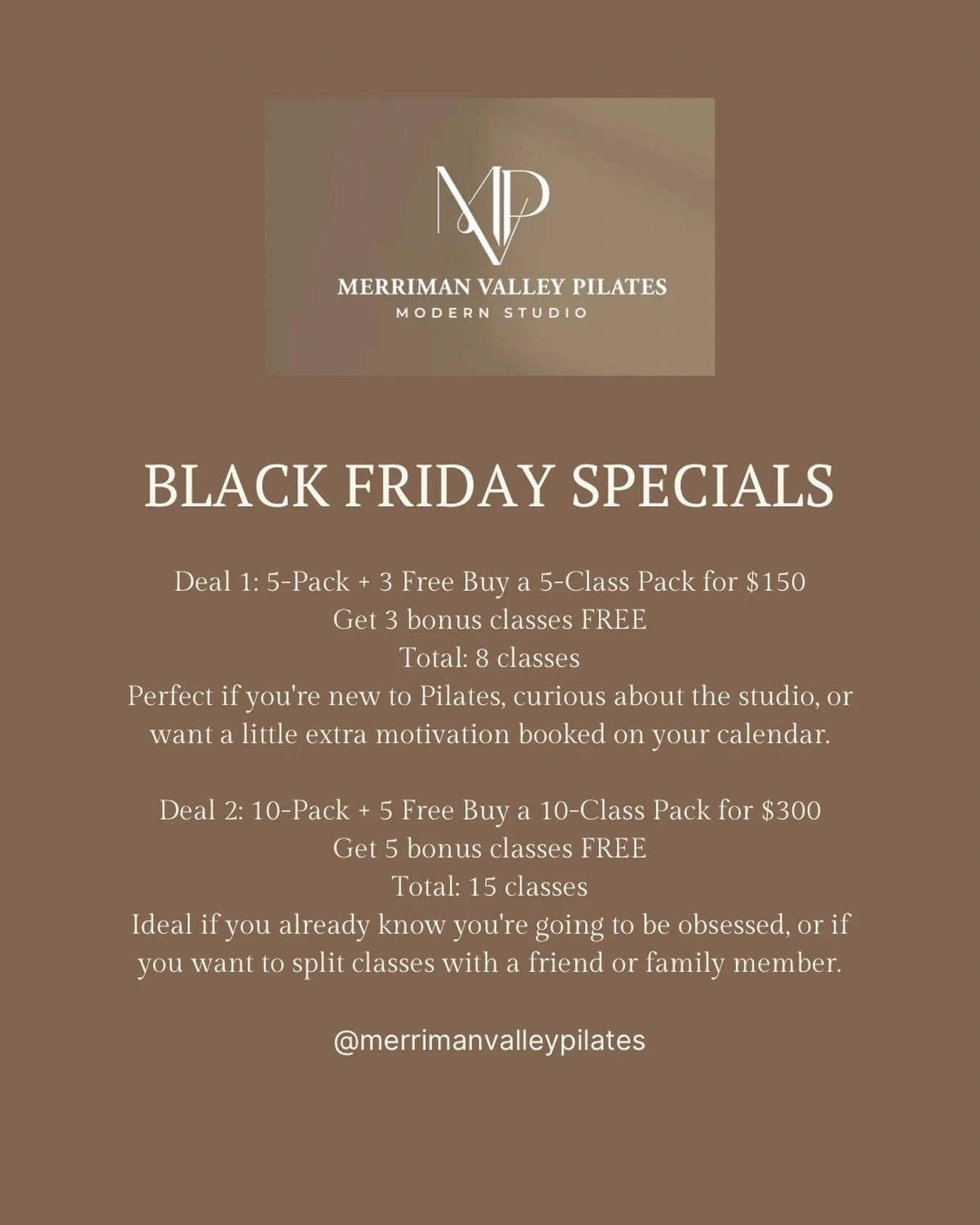 HAPPY BLACK FRIDAY!! 

Shop while you can! Specials are NOW live!! #mvp #merrimanvalley #pilates