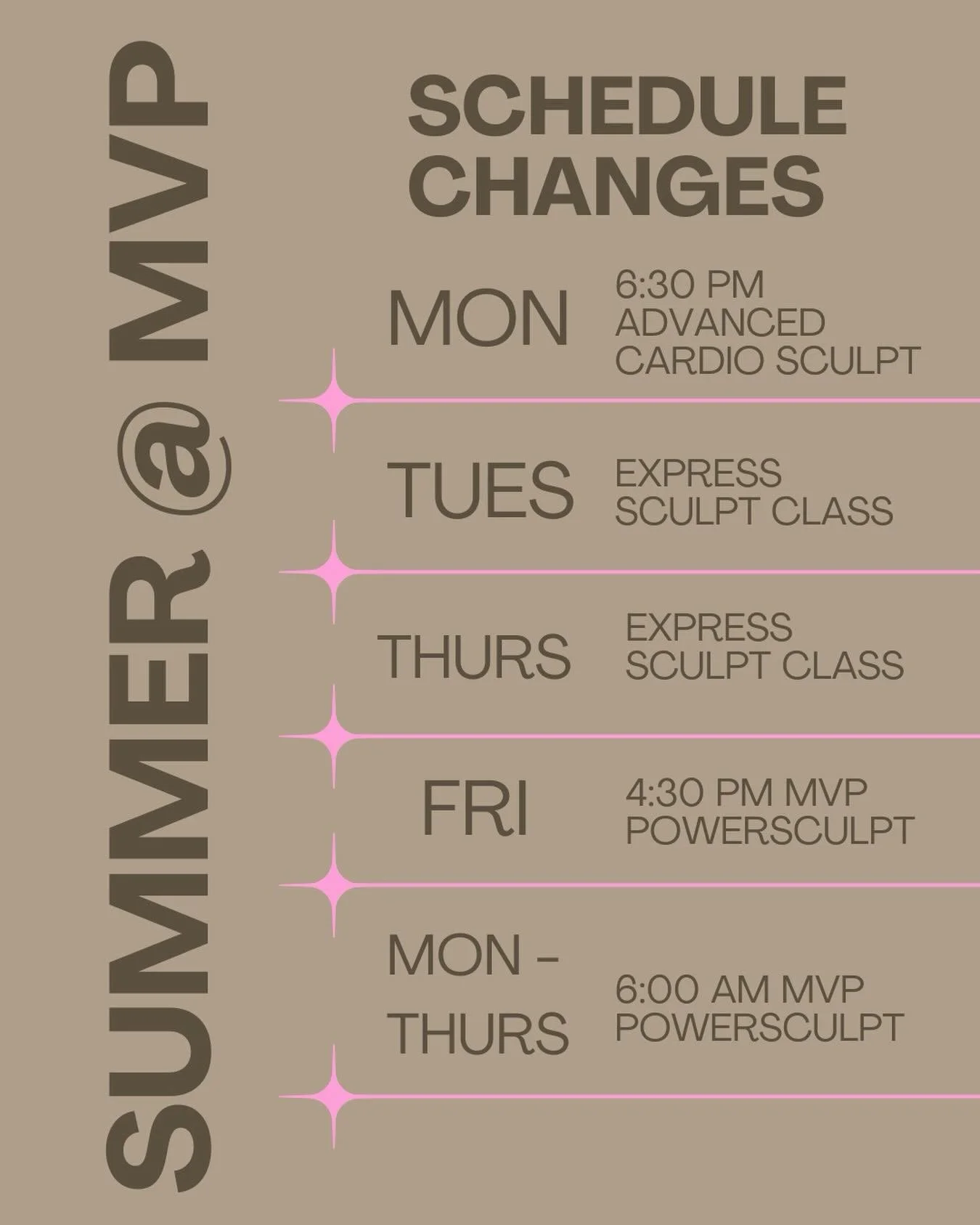 Our Summer Schedule is here!!☀️

Starting June 1st we will have a few additions and changes to the schedule! If it&rsquo;s not listed, your favorite classes will still remain the same! 

Monday at 6:30pm: Advanced Cardio Sculpt Class with @reedsarahh