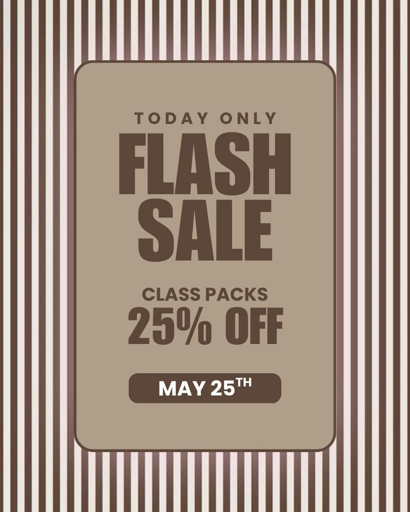 ‼️TODAY ONLY FLASH SALE‼️

To celebrate the holiday and start of the sunshine season, we&rsquo;re offering 25% off of 5 and 10 class packs! Purchase in app or on our webpage now! 

The sale runs until 11:59 EST on Monday, May 25! Get those class pack