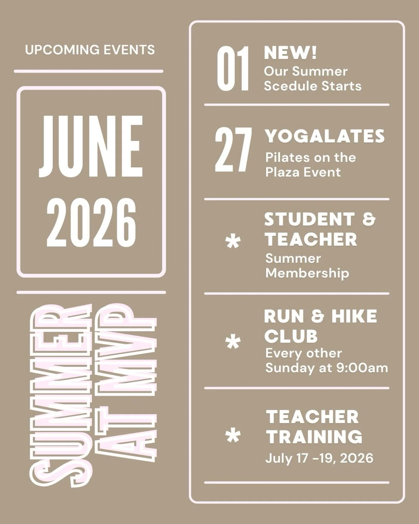 Summer Reminders!!☀️

We are so excited to share so many fun opportunities with you this summer! As a reminder, our new summer schedule starts June 1st! 

Be on the lookout for special summer challenges coming soon!

As always, let us know if you hav