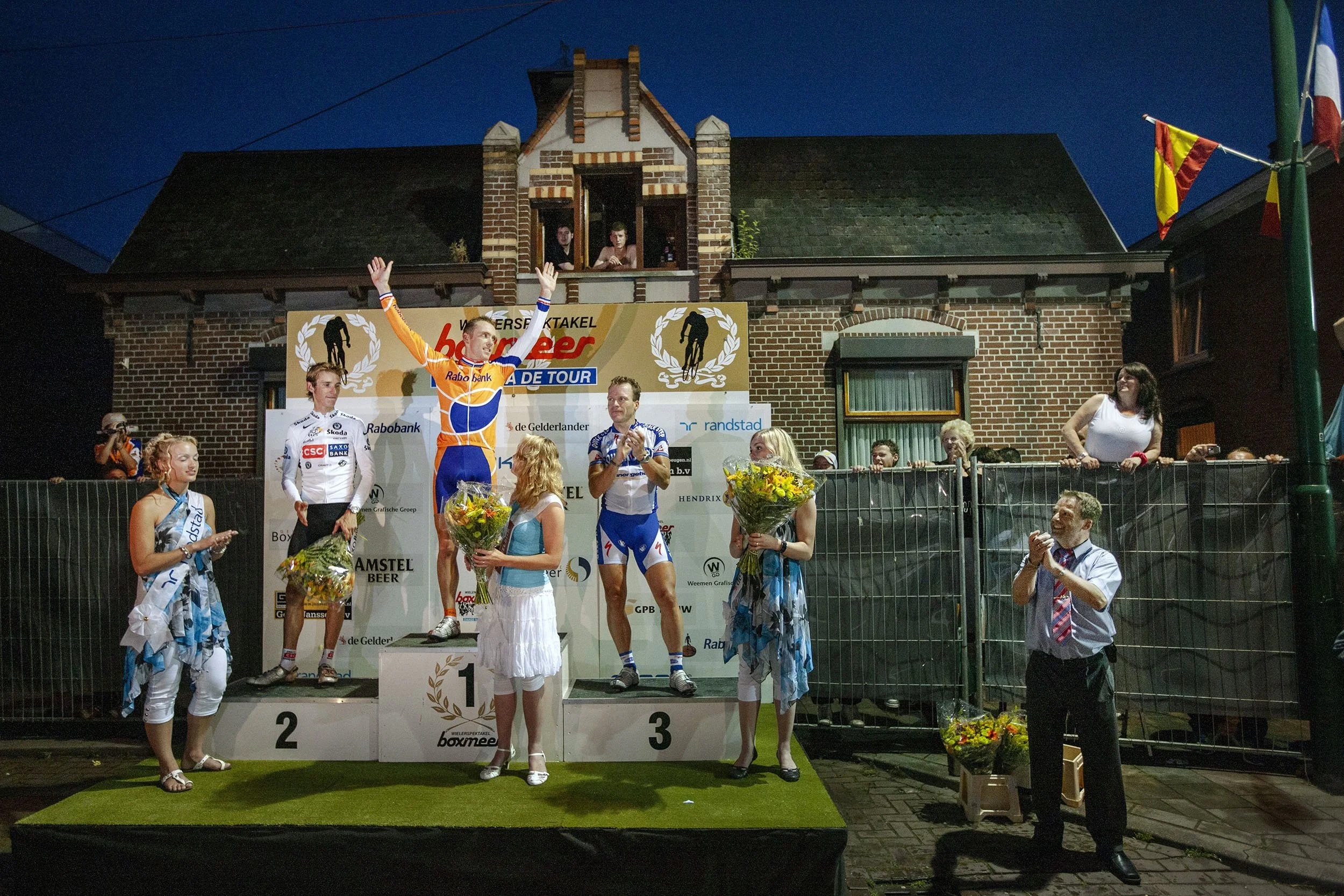 Winners Andy Schleck, Koos Moerenhout and Steven de Jongh at the Criterium van Boxmeer, the Netherlands.