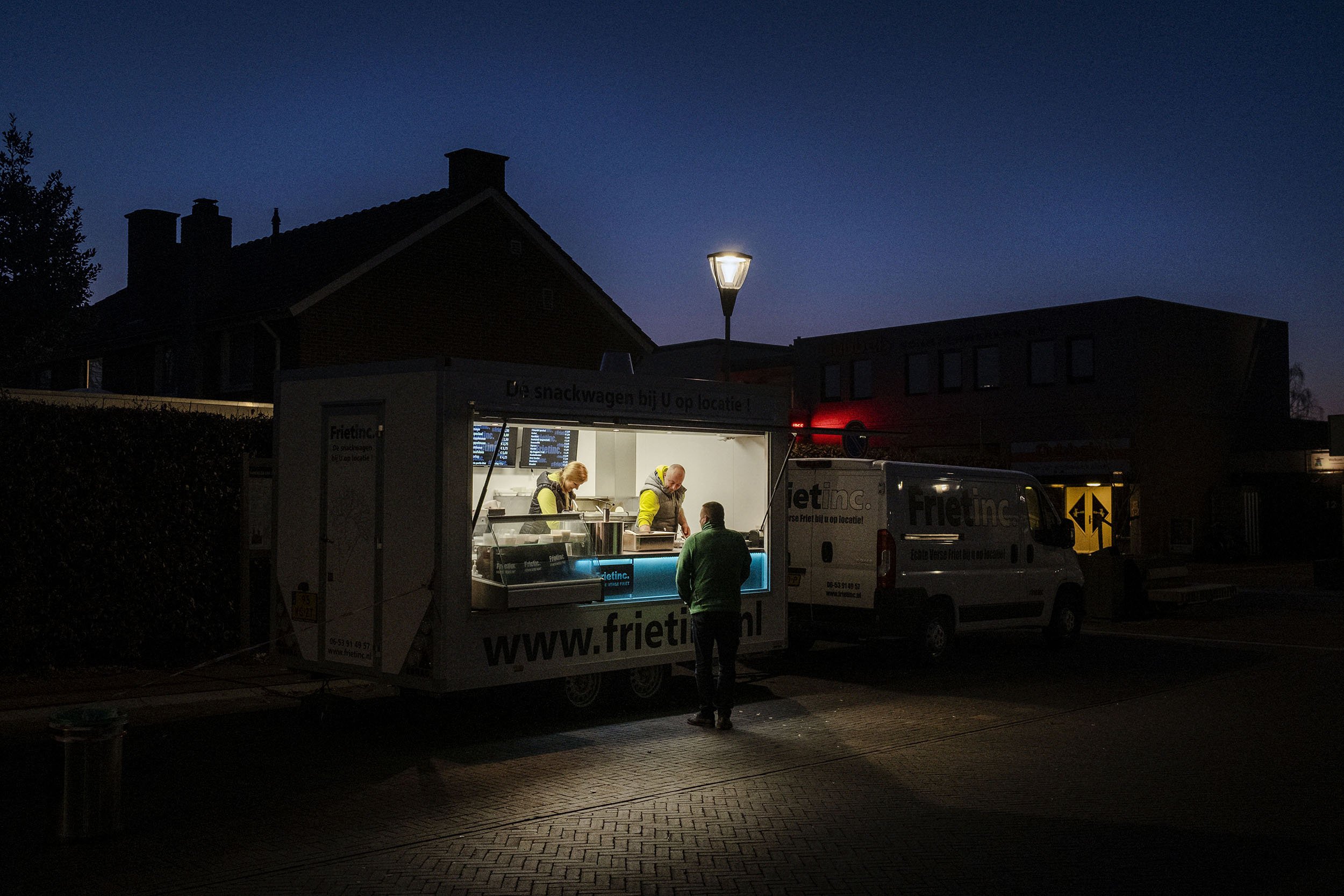 A typical Dutch Frietkar (chippy) in Maarheeze a town struggling with issues around an overcrowded asylum seekers’ centre, the Netherlands.
