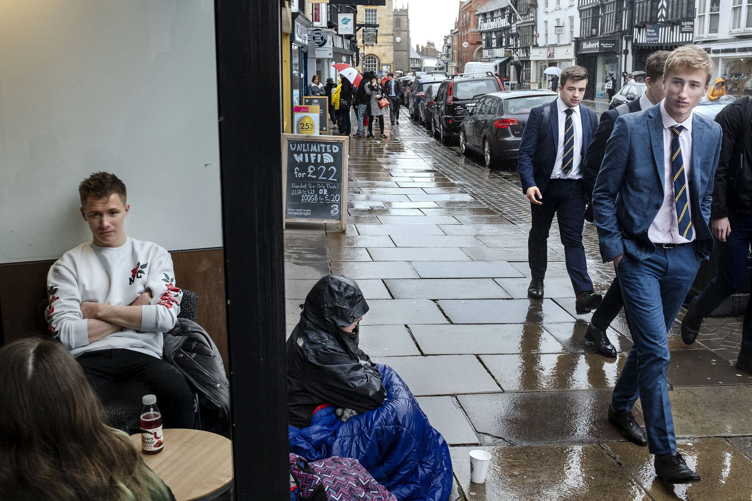 In Stratford-upon-Avon the referendum vote matched the national average, which drew me there. While sheltering from the rain I saw a group of schoolboys in uniform approaching, and tried to frame the moment as a quiet reflection on the idea of three 
