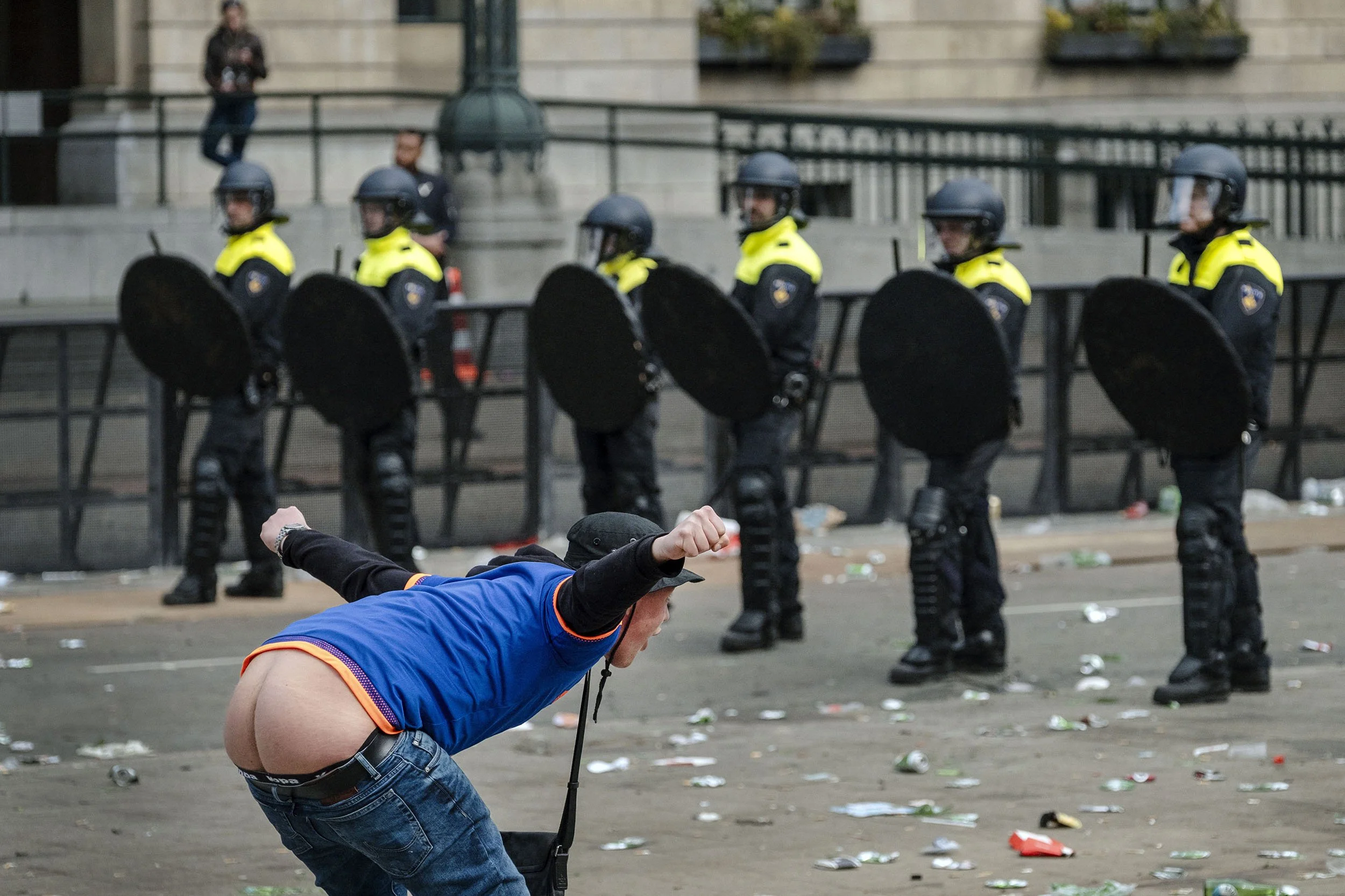 Feyenoord loses 3-0 against Excelsior leading to confrontations with the riot police. Rotterdam, the Netherlands.