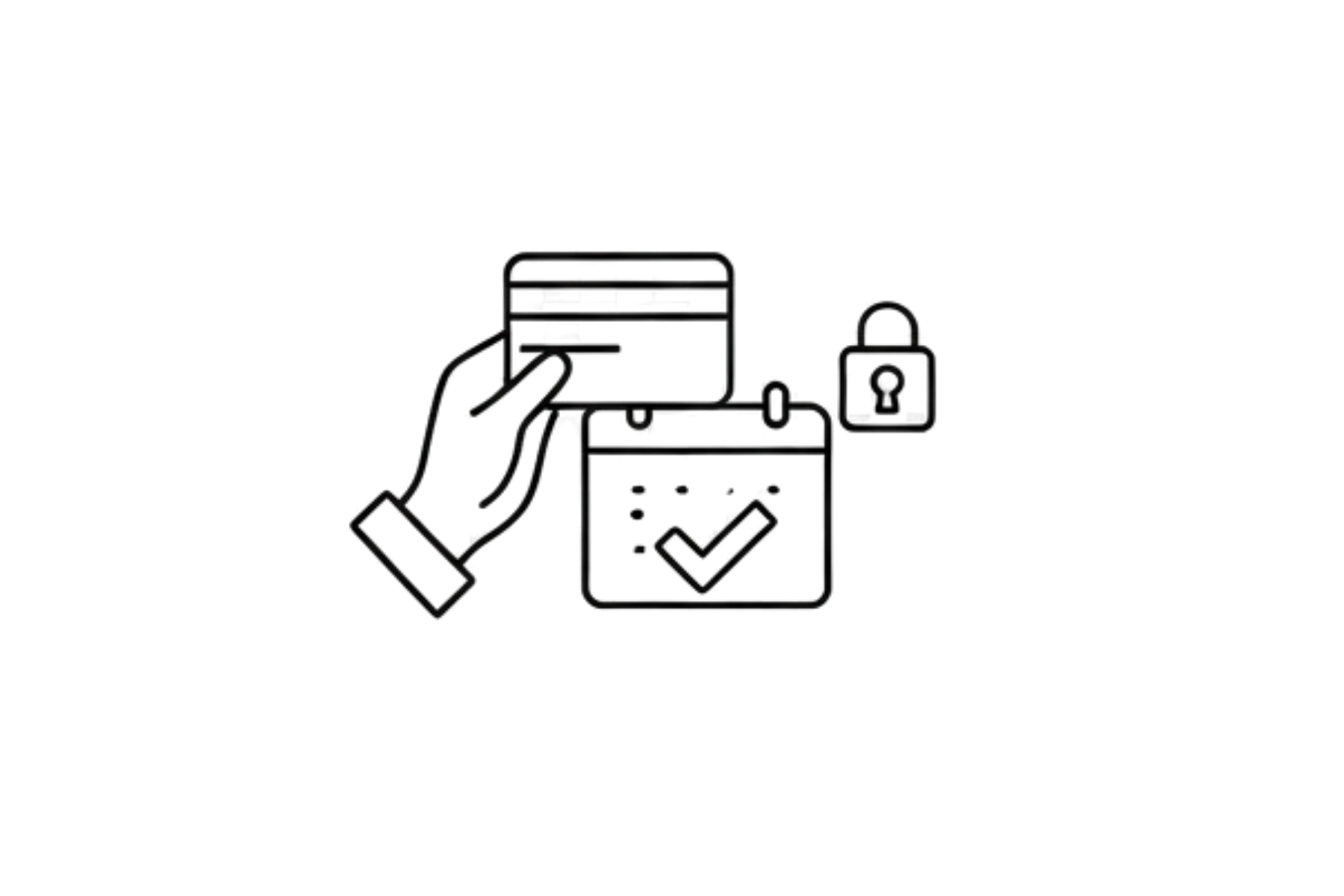 A hand holding a credit card near a laptop, with a padlock icon indicating online security and a checkmark symbol representing verification.