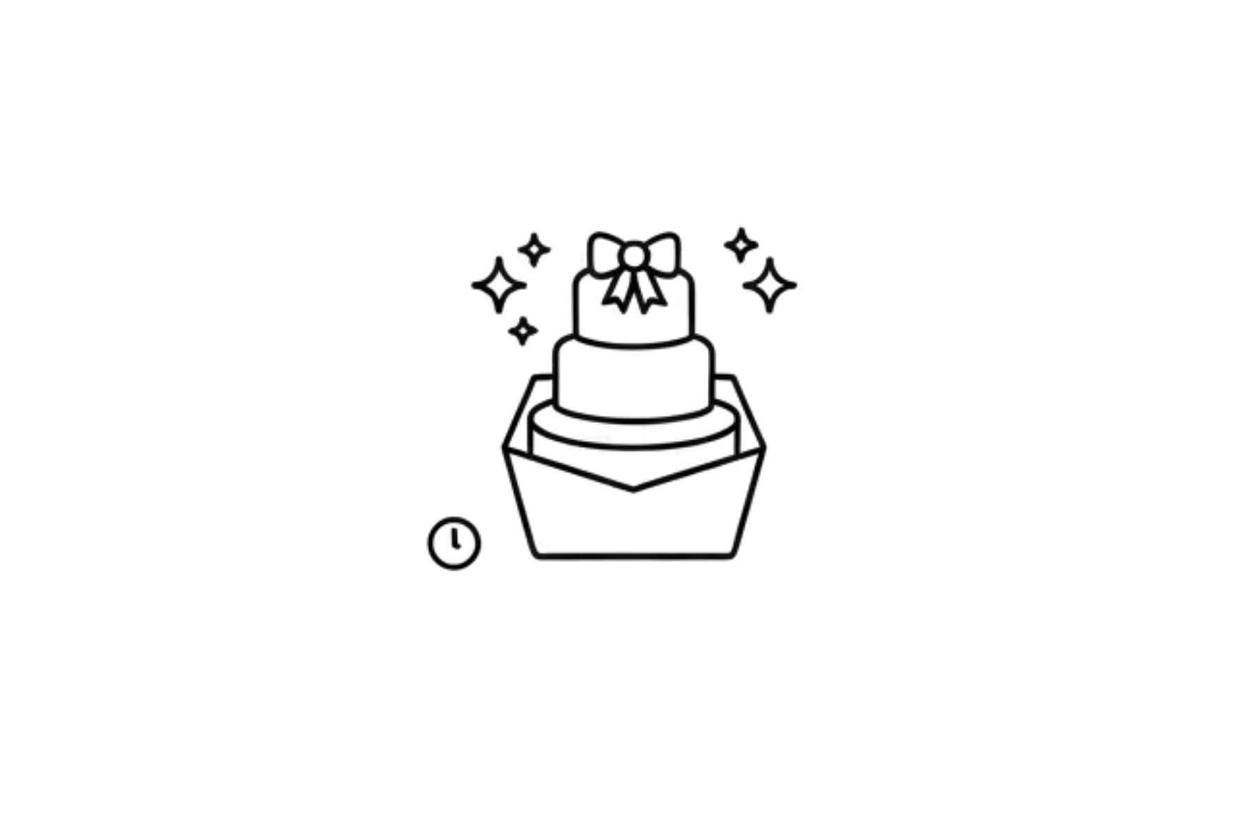 A simple illustration of a small birthday cake with a single candle on top, decorated with a bow and surrounded by sparkles.