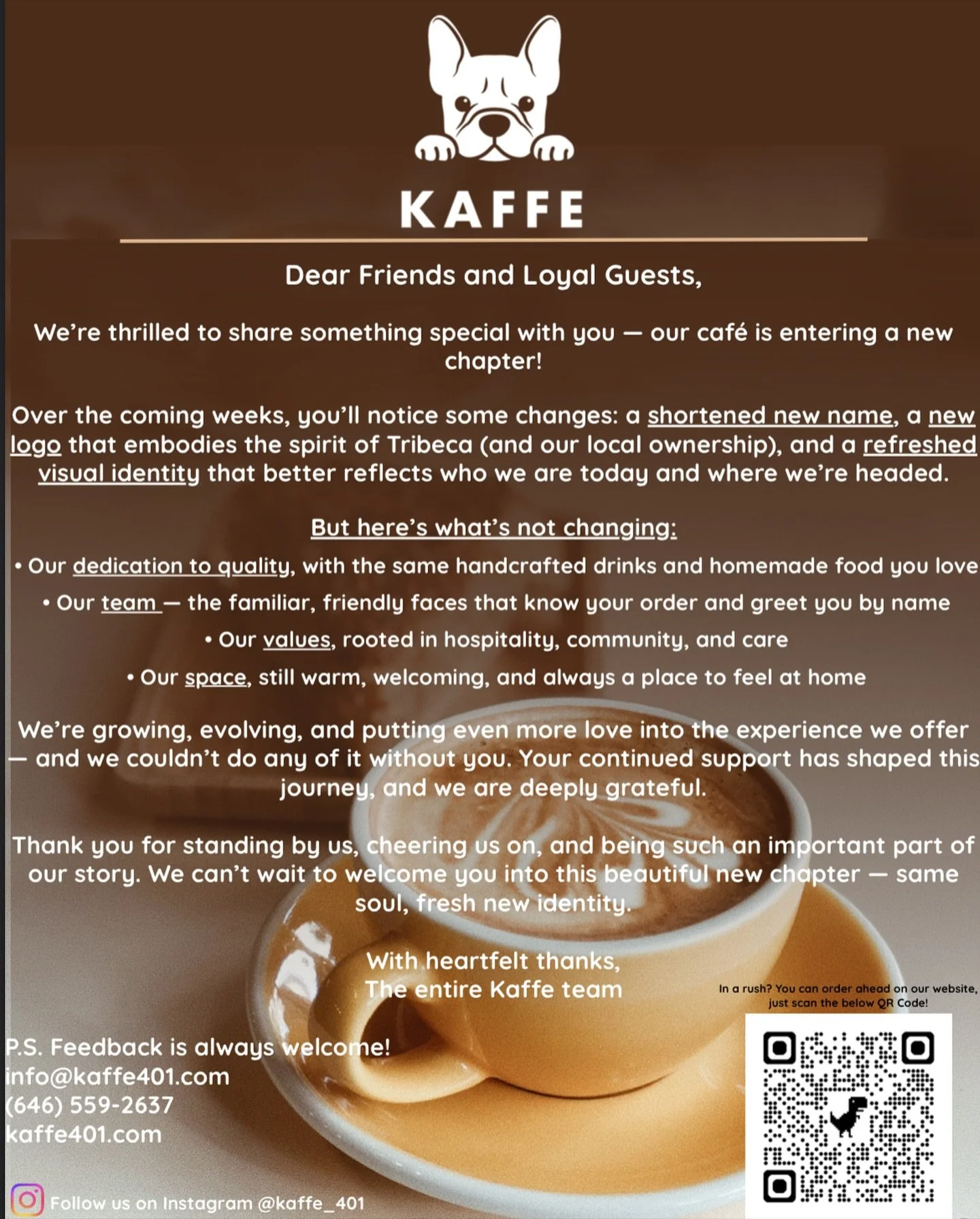 We&rsquo;re growing and evolving, thanks to YOU.
Our new look celebrates Tribeca, our local roots, and the community that&rsquo;s shaped us.
Here&rsquo;s to the next chapter &mdash; same soul, fresh new identity.
#KaffeNYC #TribecaLove #CafeRebrand #
