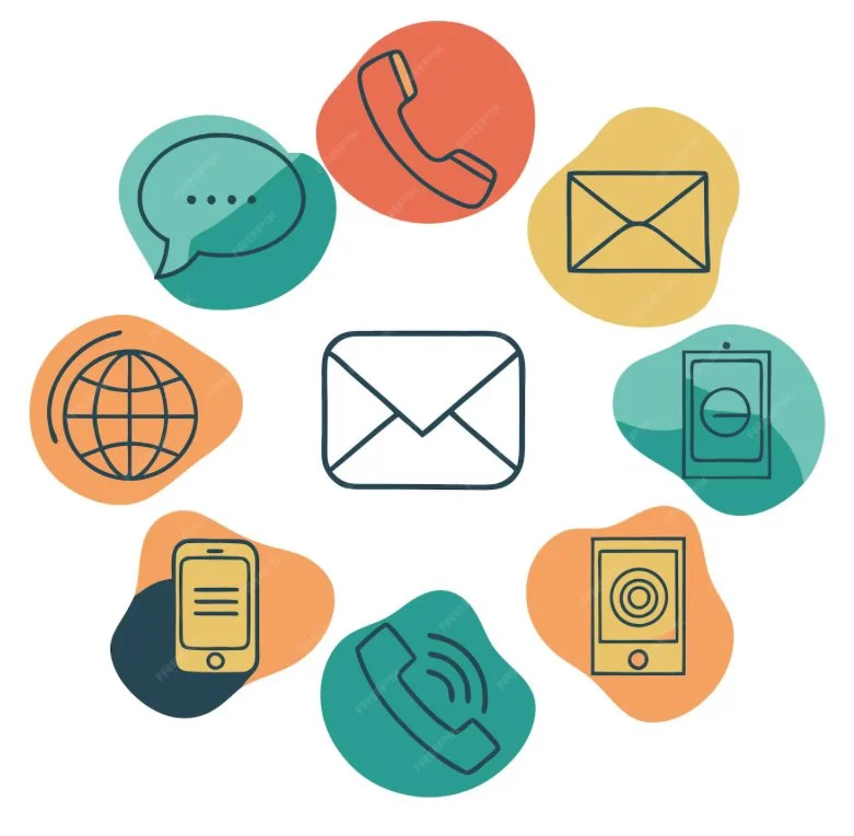 Collection of icons representing various communication methods: speech bubble, landline phone, email envelope, internet globe, mobile phone, message, speaker, and cell phone, all arranged around a central email envelope.