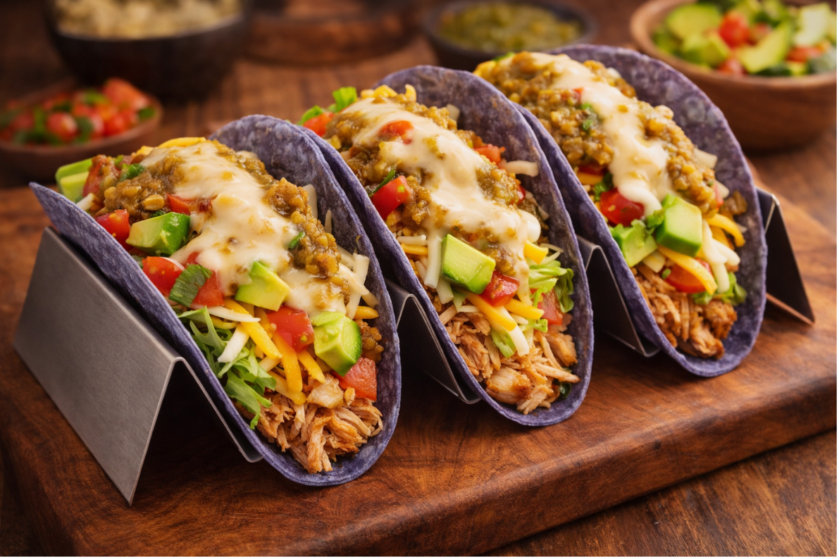 Three tacos filled with shredded chicken available grab and go food lunch near me in Shasta Lake grocery store