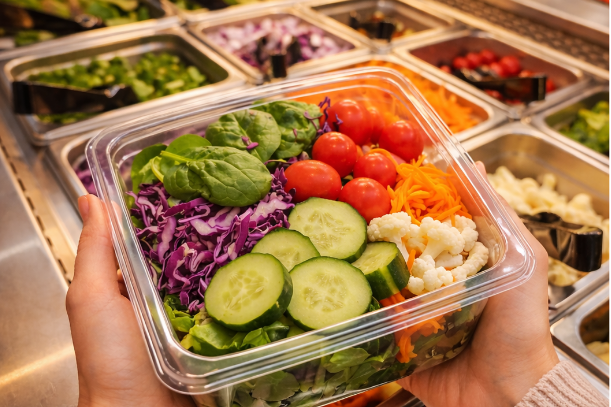 Salad bar with fresh greens and toppings at Farmers Marketplace deli grocery store near me Shasta Lake