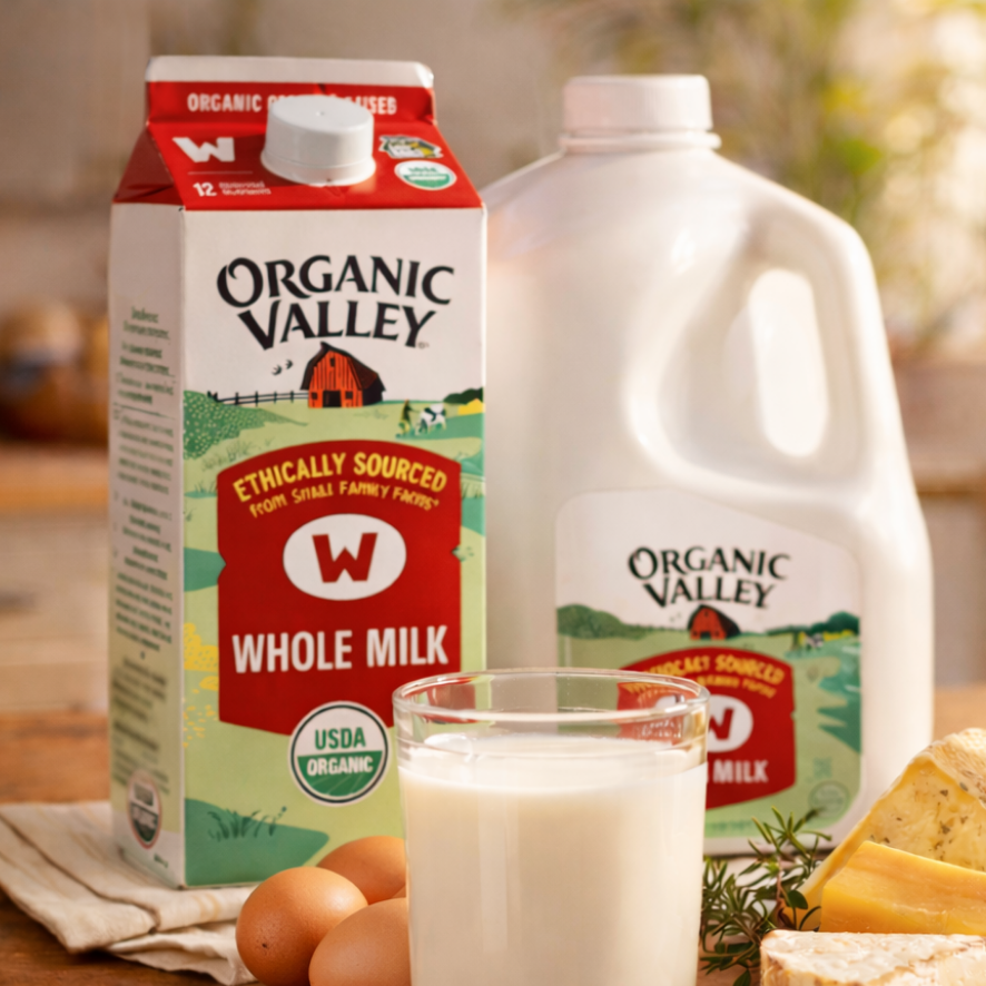 A carton of Organic Valley whole milk, a bottle of Organic Valley milk, a glass of milk, eggs, cheese, and a sprig of rosemary on a wooden surface.