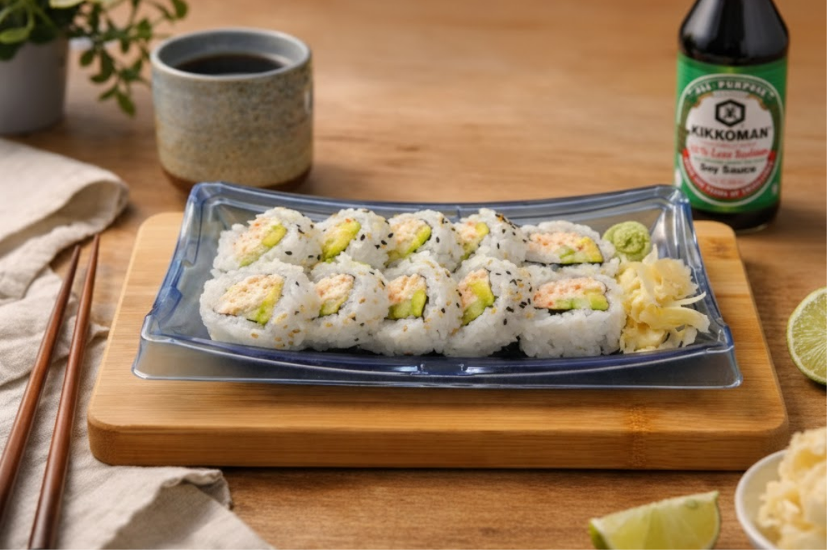 Sushi roll from Farmers Marketplace with lunch and dinner to go in Shasta Lake near marina