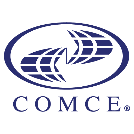 OMCE logo with a stylized globe and two curved lines inside an oval, with the word 'COMCE' beneath.