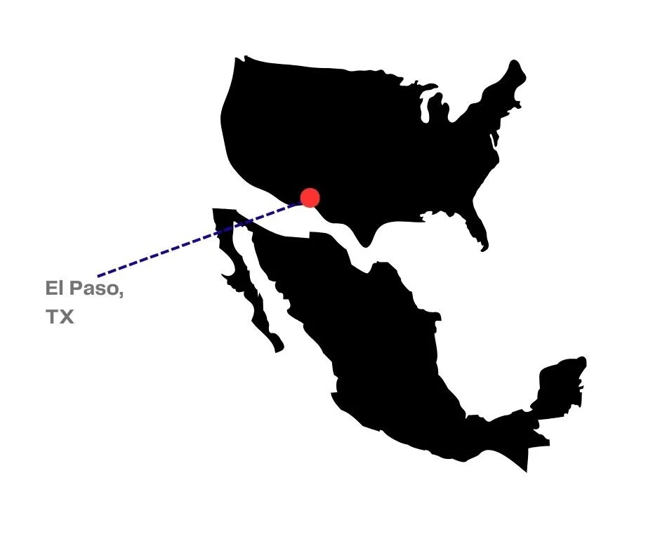 Map of North America highlighting El Paso, Texas, with a dotted line connecting to the location on the map.