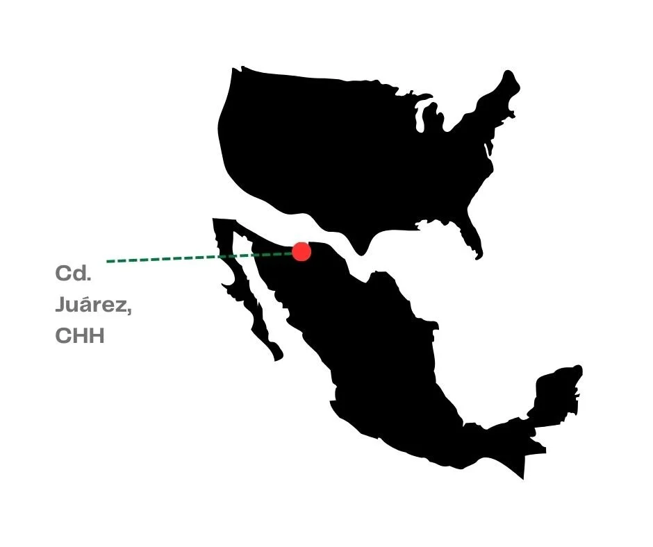 Map of Mexico highlighting Ciudad Juárez with a red dot, and label pointing to it.