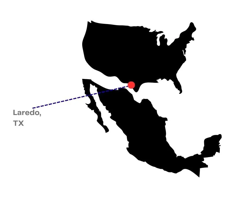 Map of North and Central America showing a route from Laredo, Texas to a point in Central America.