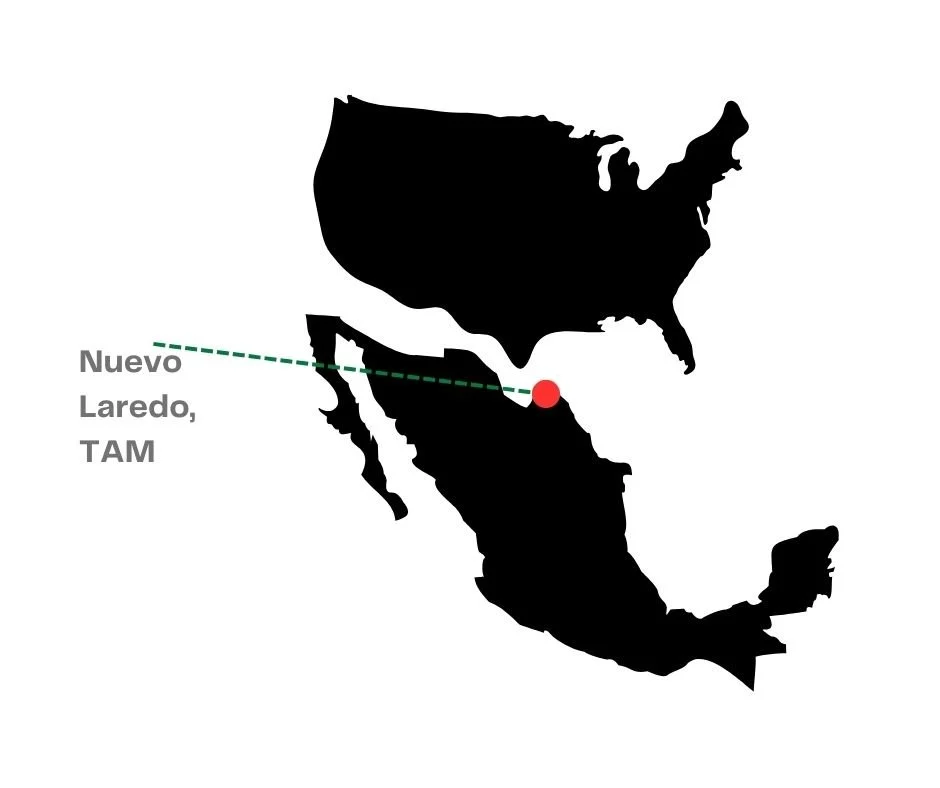 Map of North America with Mexico highlighted, showing Laredo, Tamaulipas, marked with a red dot and an arrow pointing to it labeled 'Nuevo Laredo, TAM'.
