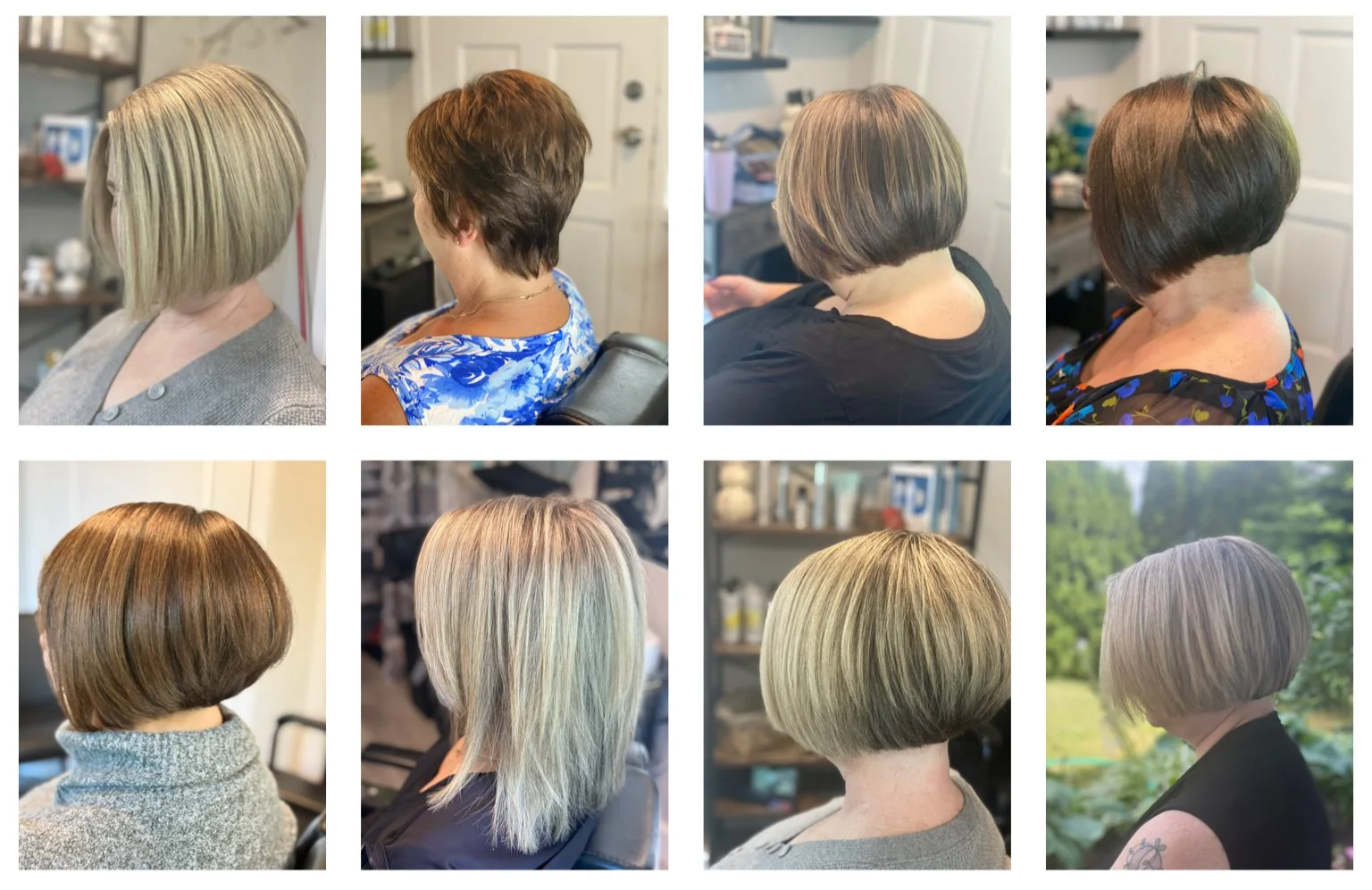 Collage of eight women with different hairstyles, including short bob cuts and layered styles, in various hair colors and settings.