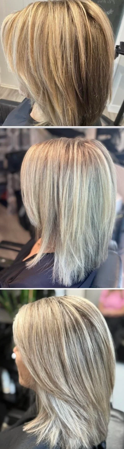 Three side views of a woman's shoulder-length blonde hair before and after a haircut and styling.