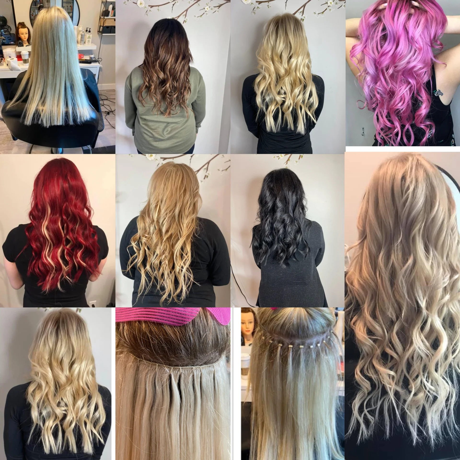 Collage of women with various long hairstyles and hair colors, including blonde, brunette, red, black, pink, and with twists and curls, seen from the back.