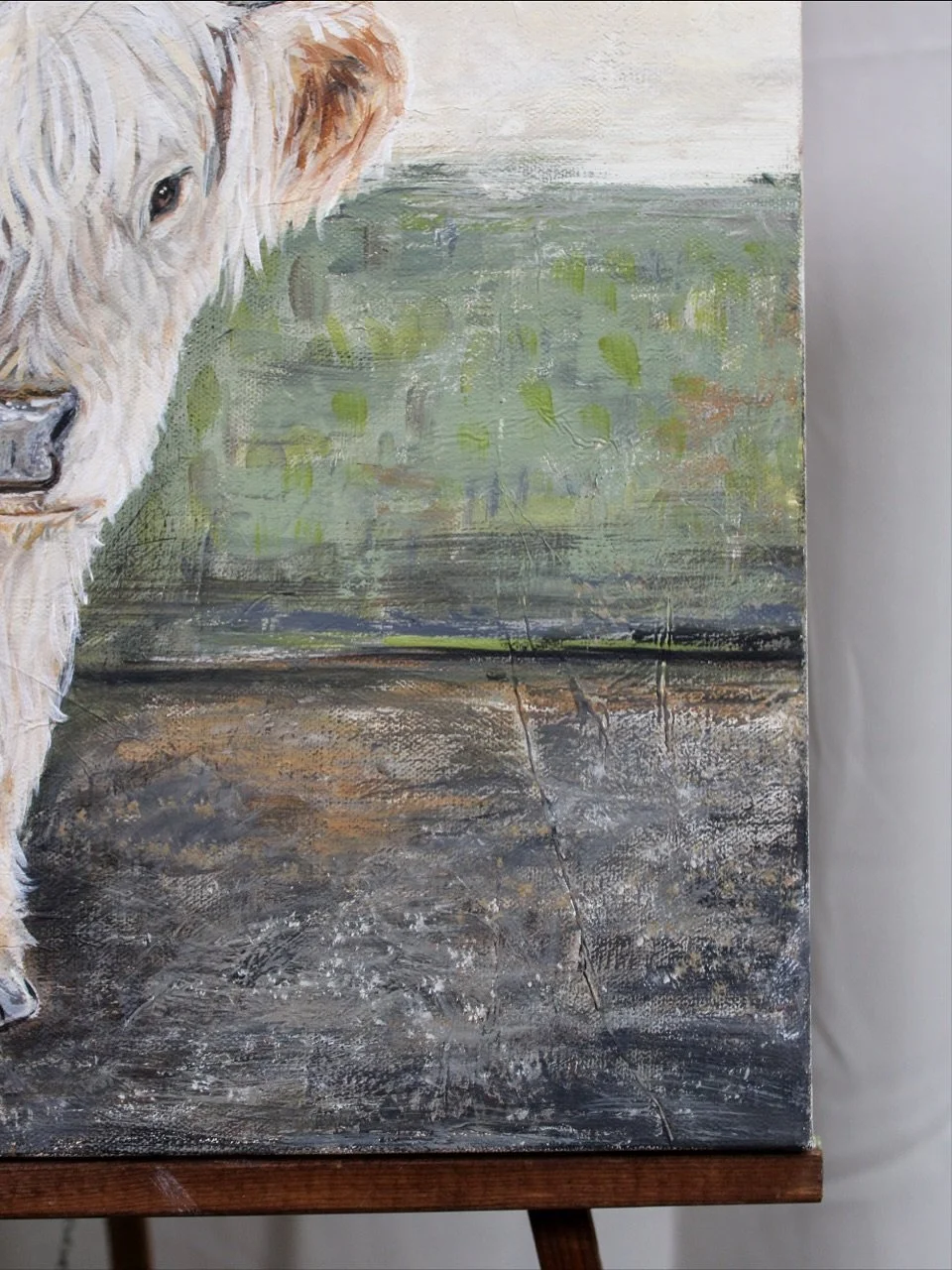 Had fun with the textures on this one&hellip;MaCallan the Highland cow🌾🪽🤍

full body pet portrait with background on 16x20&rdquo; canvas