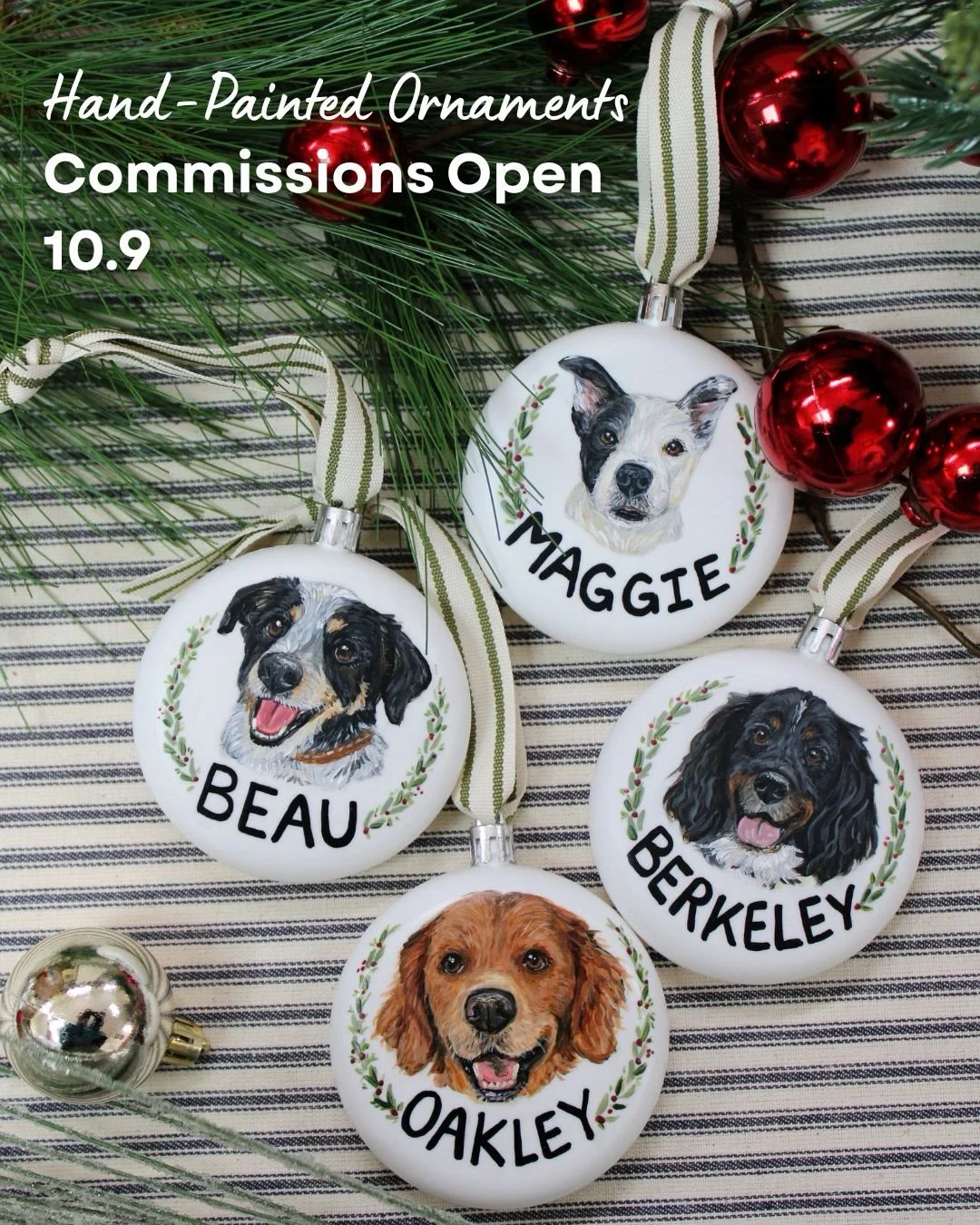 THEY&rsquo;RE BACK! 10.9 🎄My ornaments sold out in minutes last year. Reserve yours early for holiday gifting &mdash; Preorders go live on my website 10.9 at 12 pm EST 

🎨Hand-painted 3&rdquo; shatterproof plastic bulb
✍🏻Add a wreath accent or lea